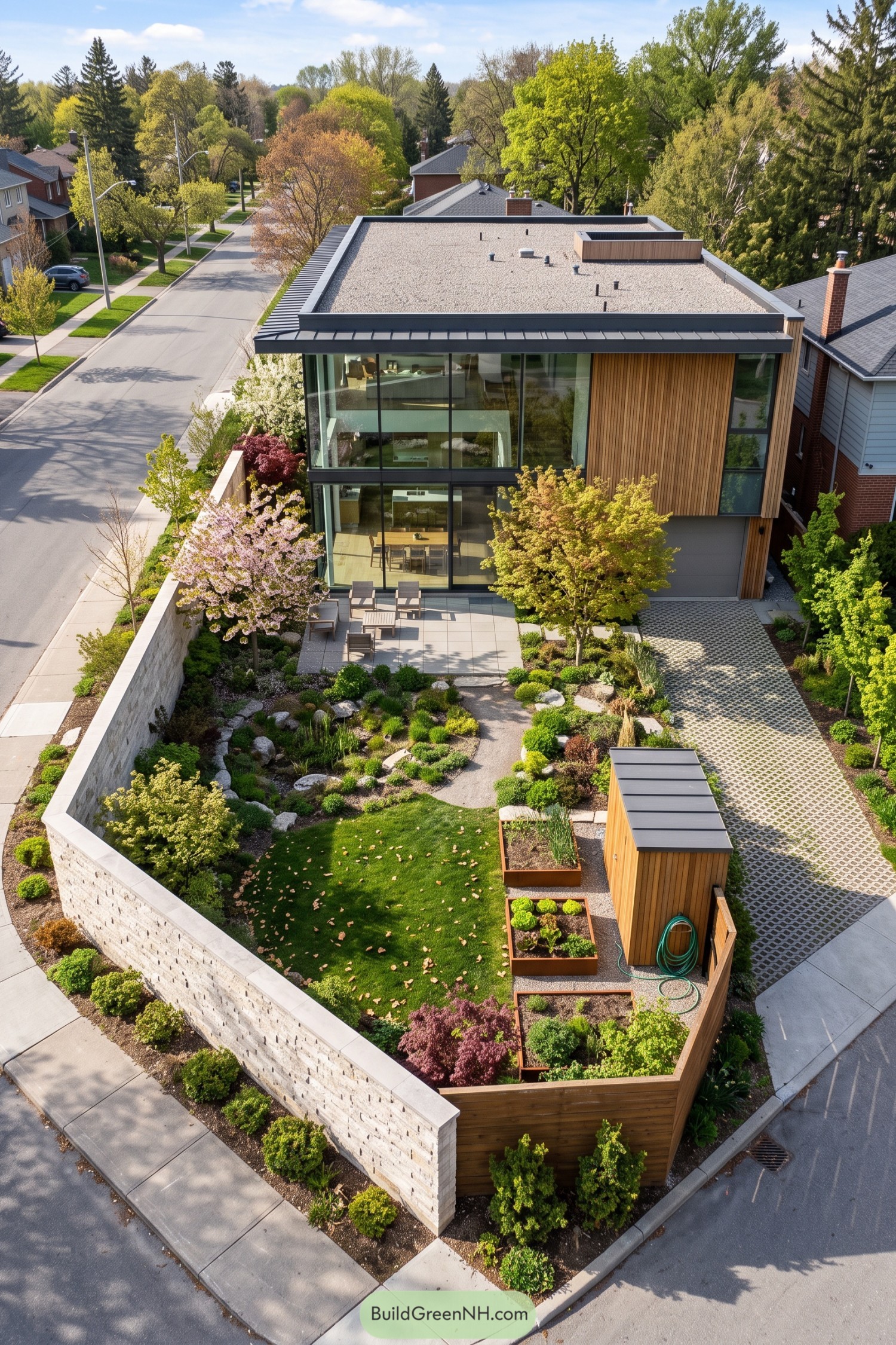 Modern glass home with a landscaped corner garden and wood cladding