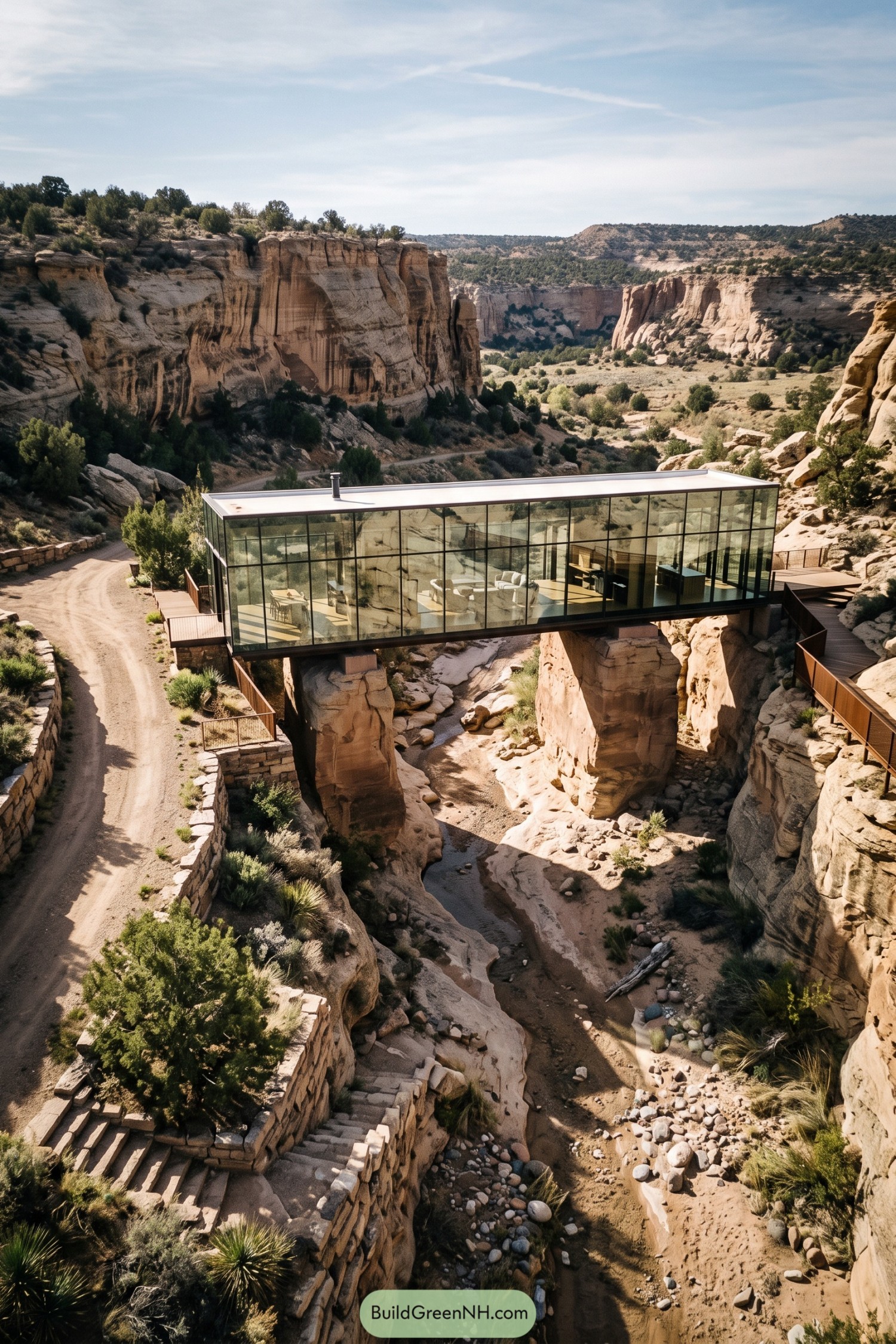Glass-walled home bridging a rocky desert canyon