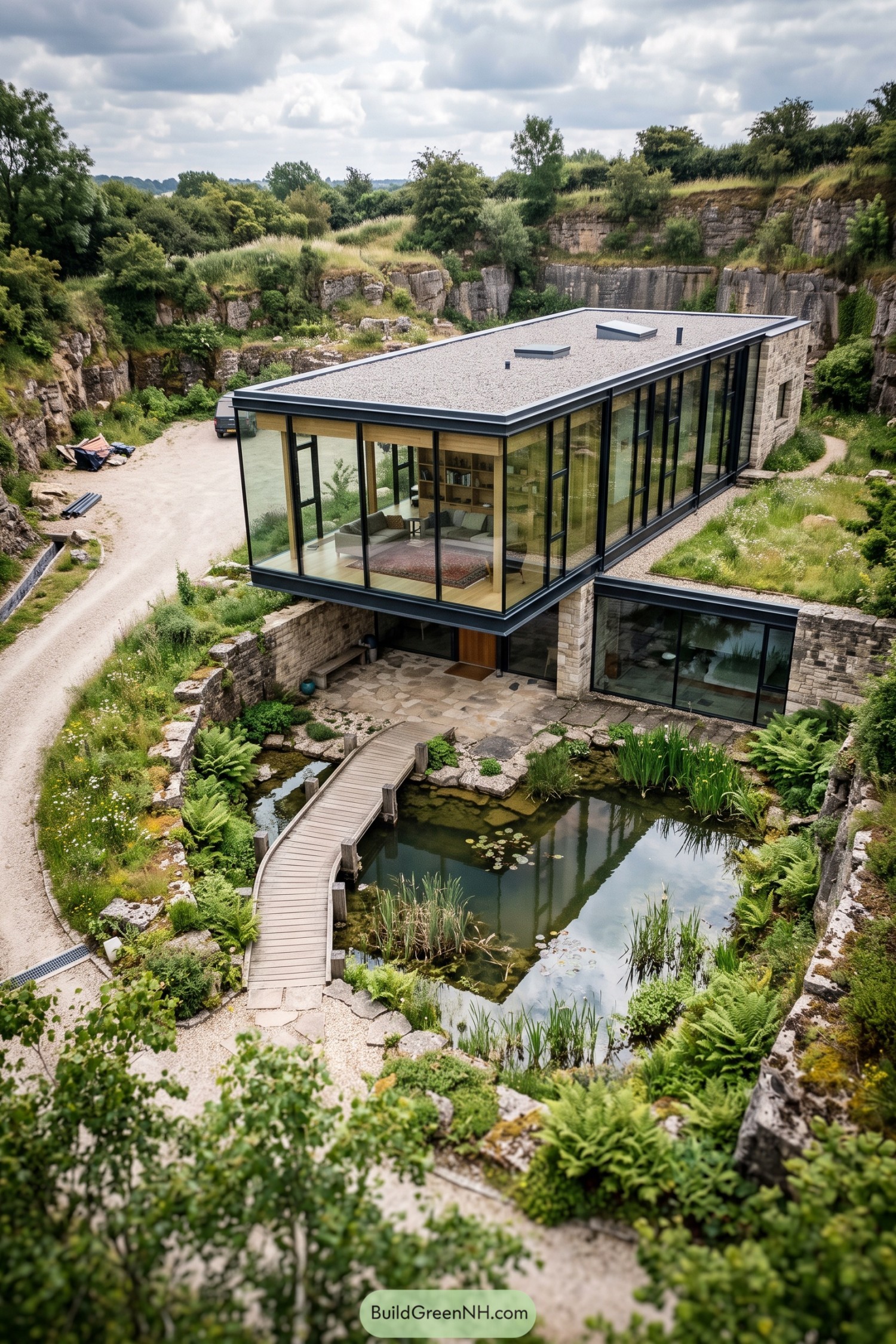 Modern glass house set within a stone quarry beside a pond