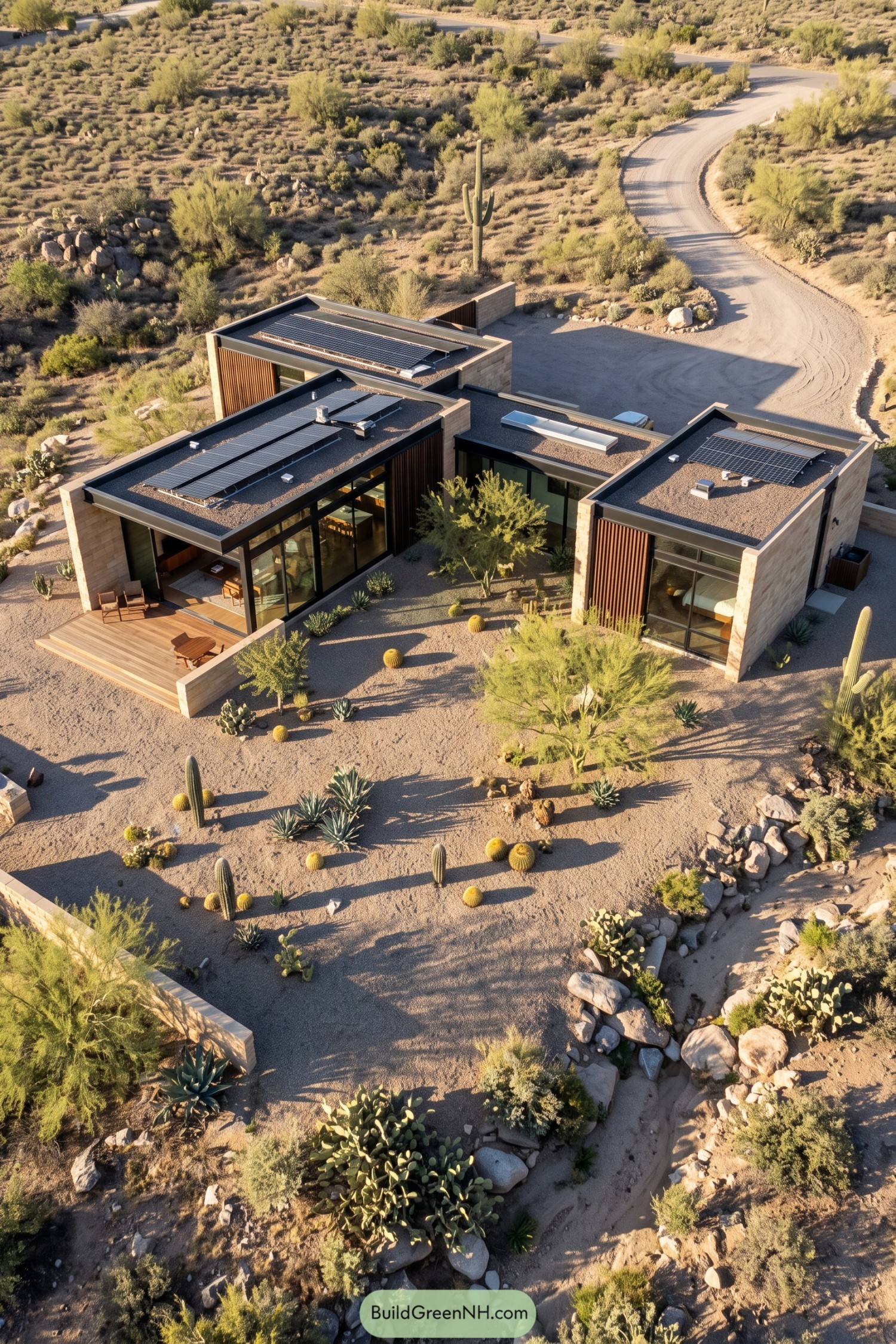 Aerial view of a solar-powered glass house in desert landscaping