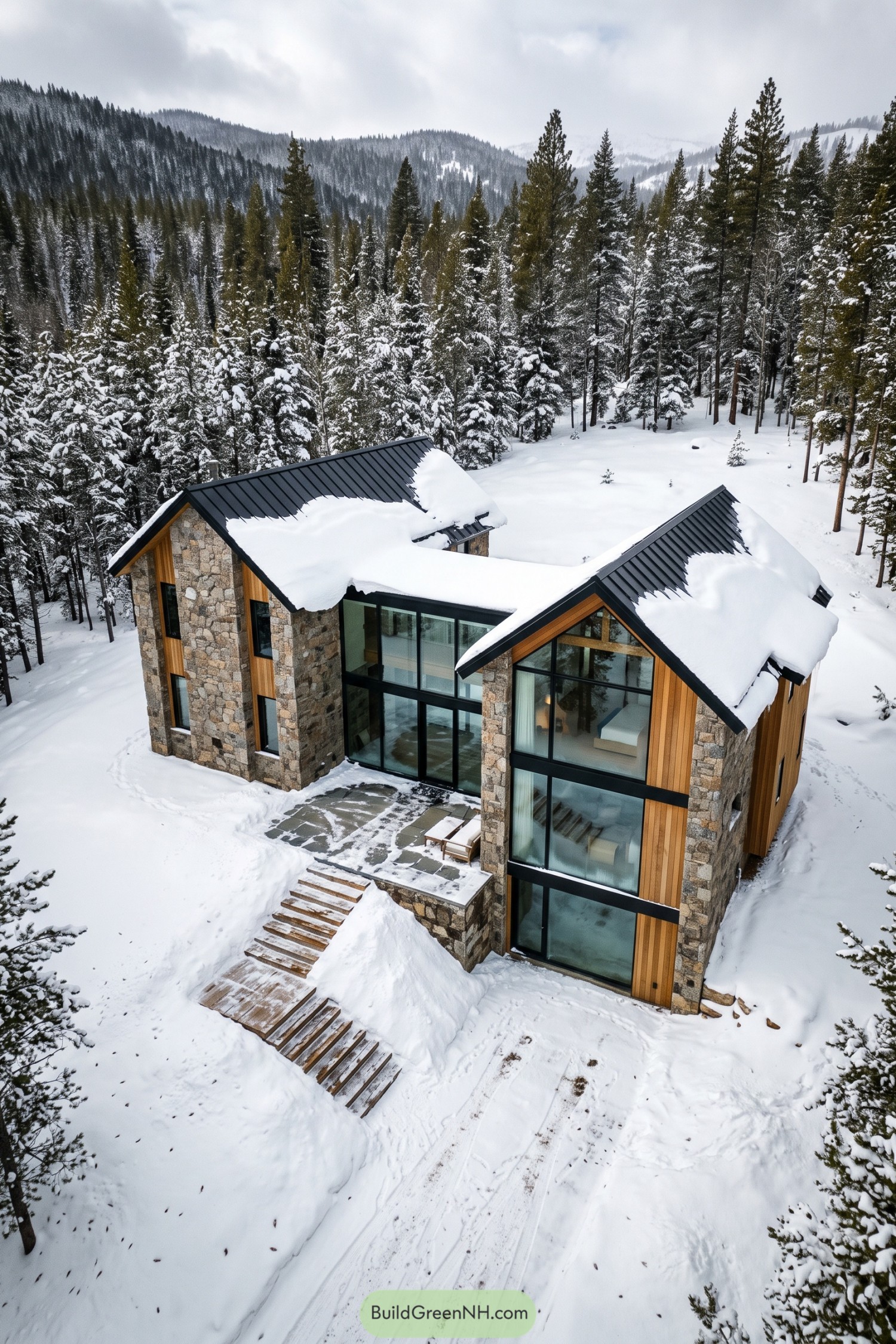 Snow-covered glass and stone lodge among pines