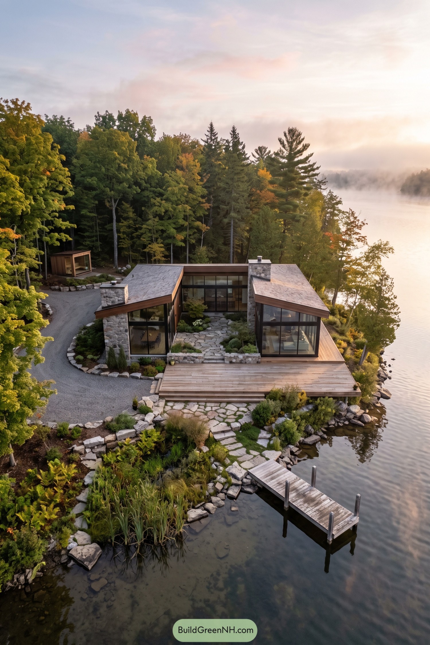 Glass-walled lakeside home with stone terraces and dock