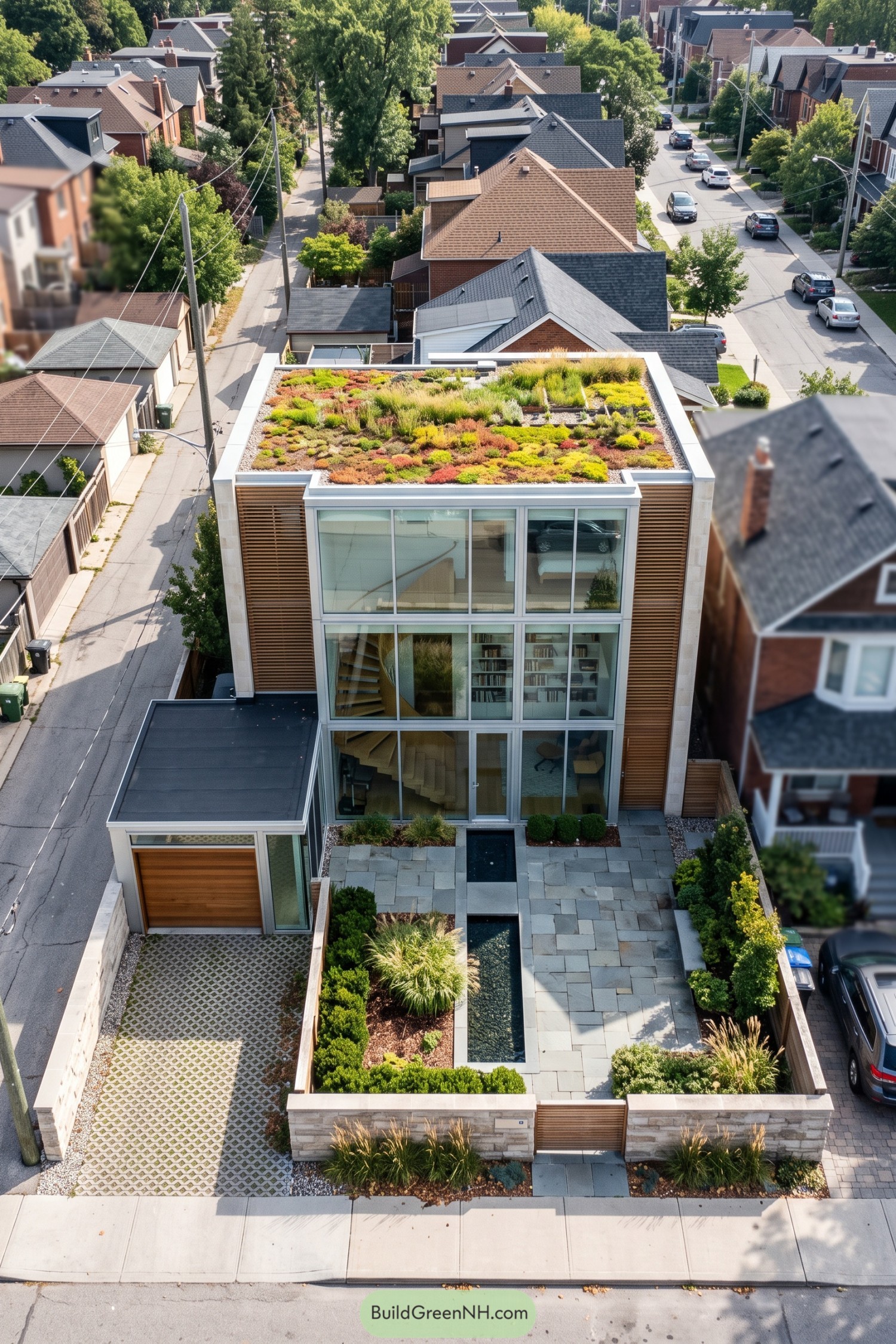 Contemporary glass townhouse with a lush green roof