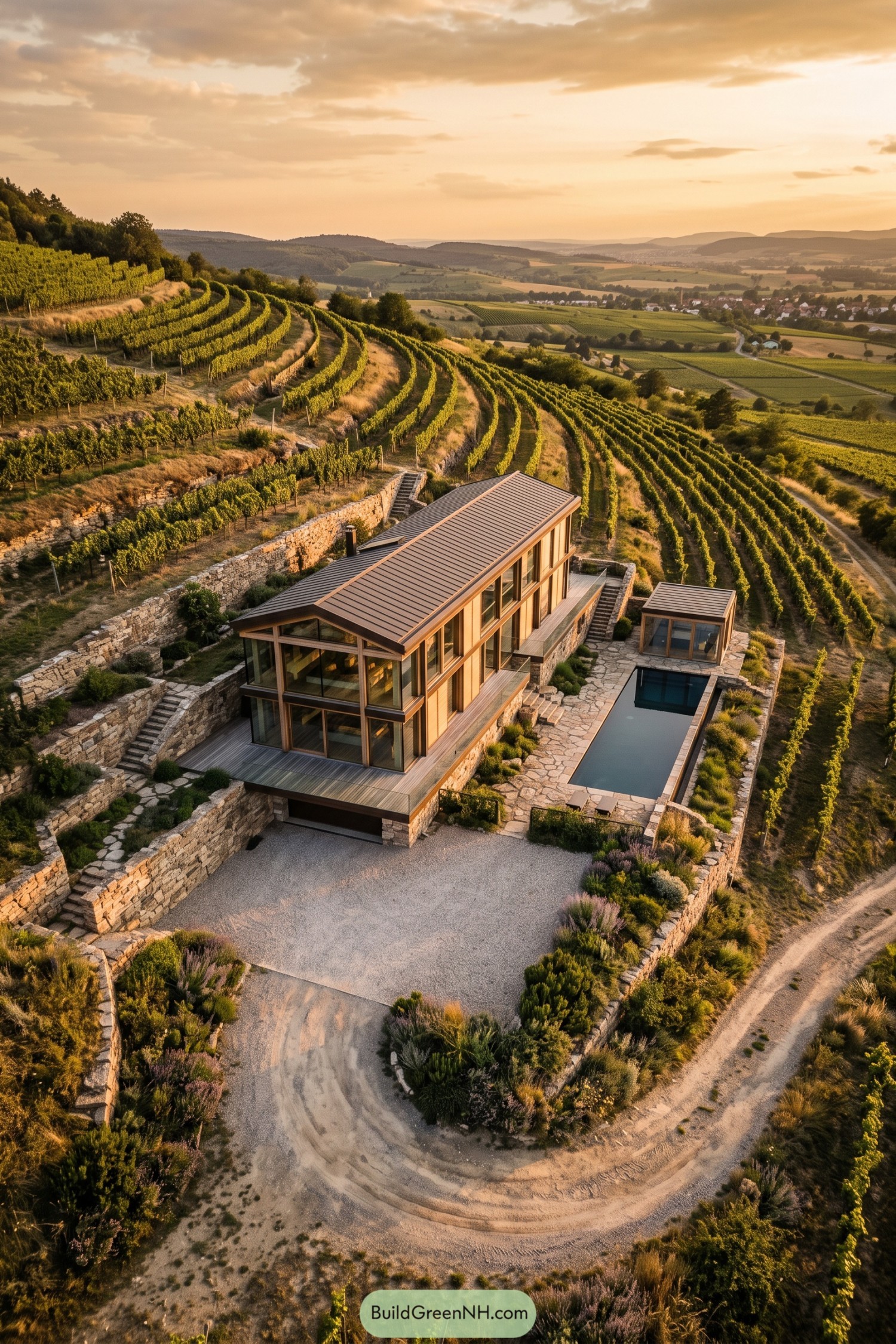Modern glass house nestled among terraced vineyards with a pool