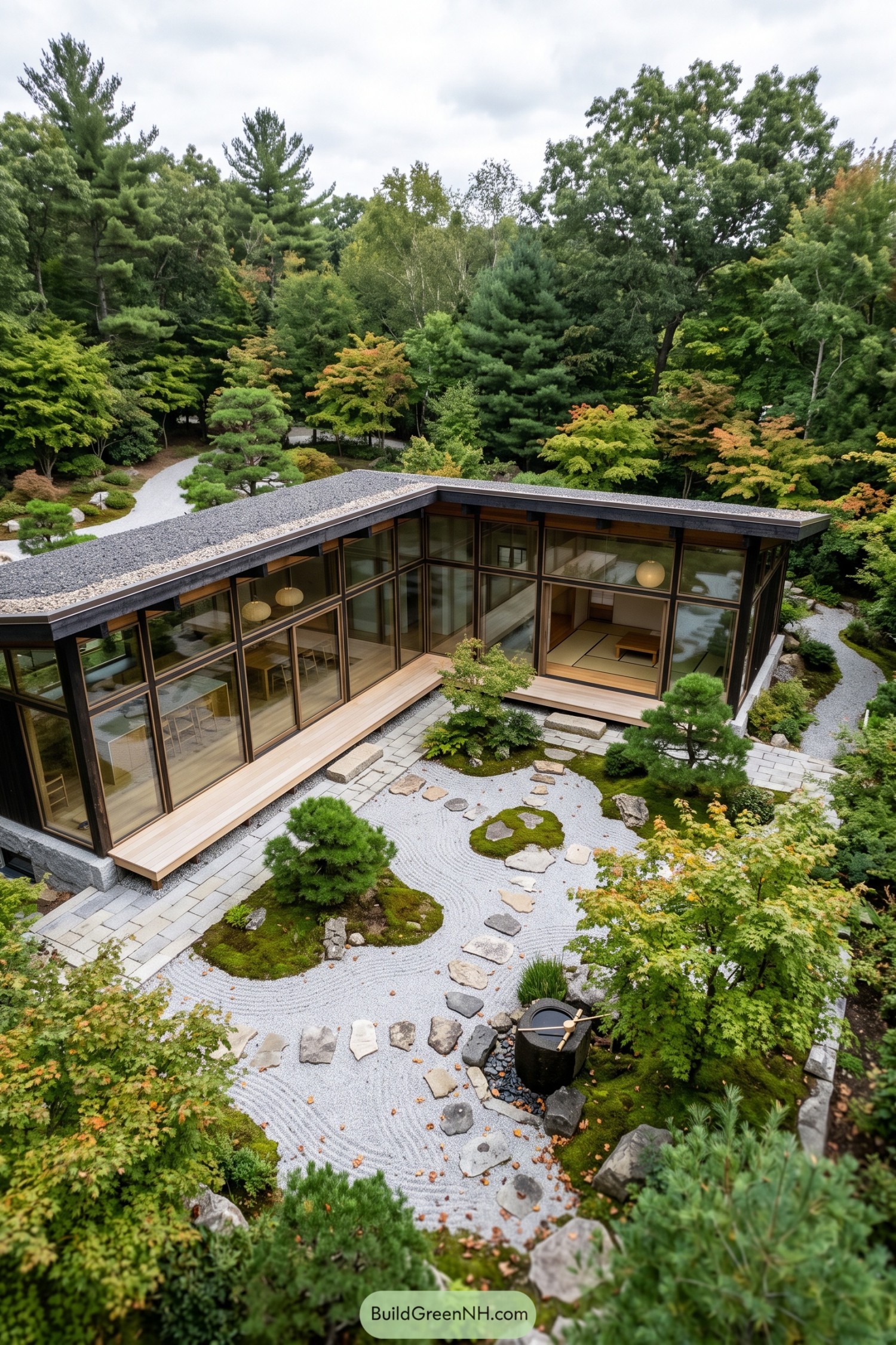 L-shaped glass home beside a raked gravel garden