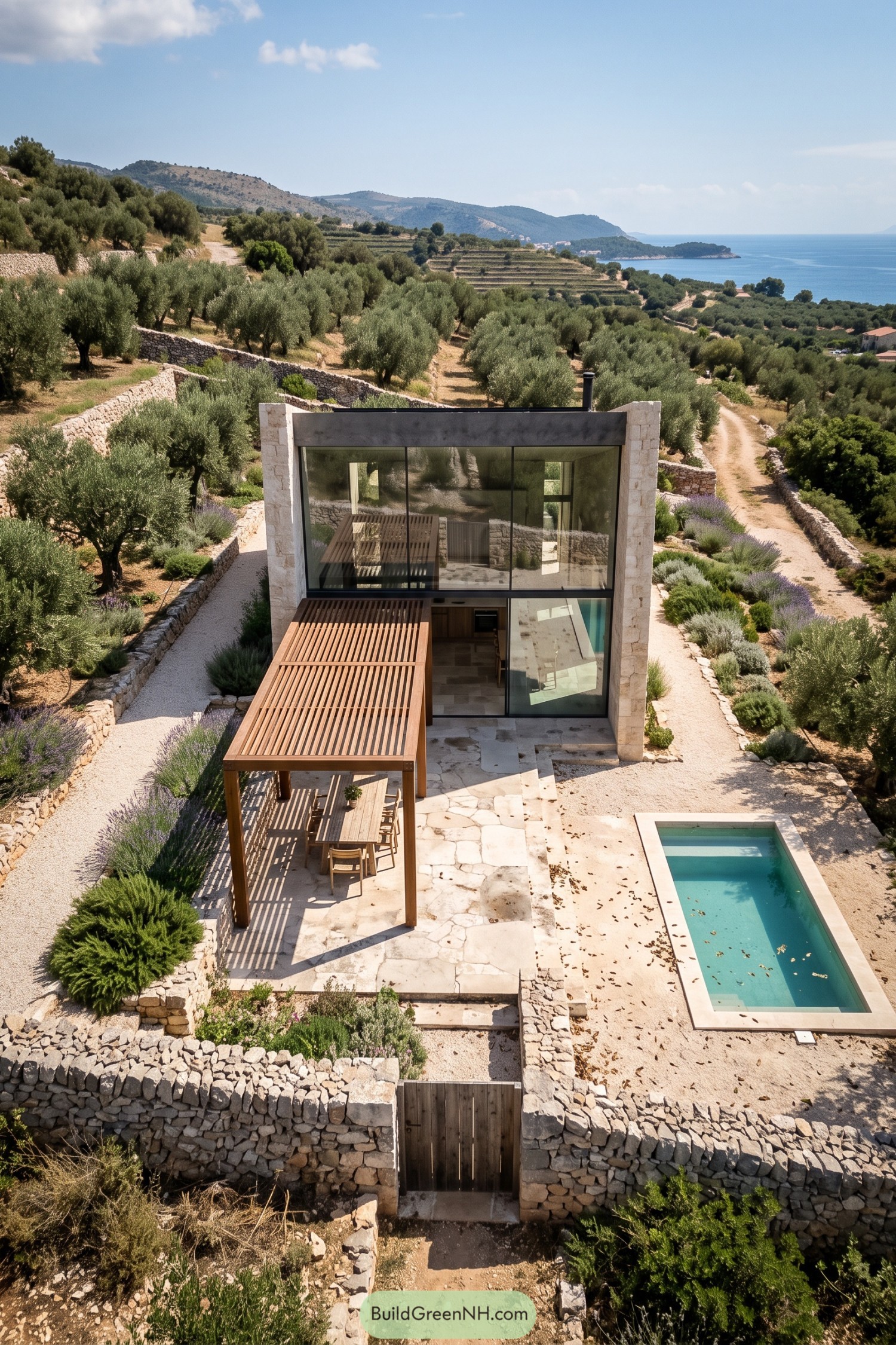 Glass house with pool amid terraced olive groves