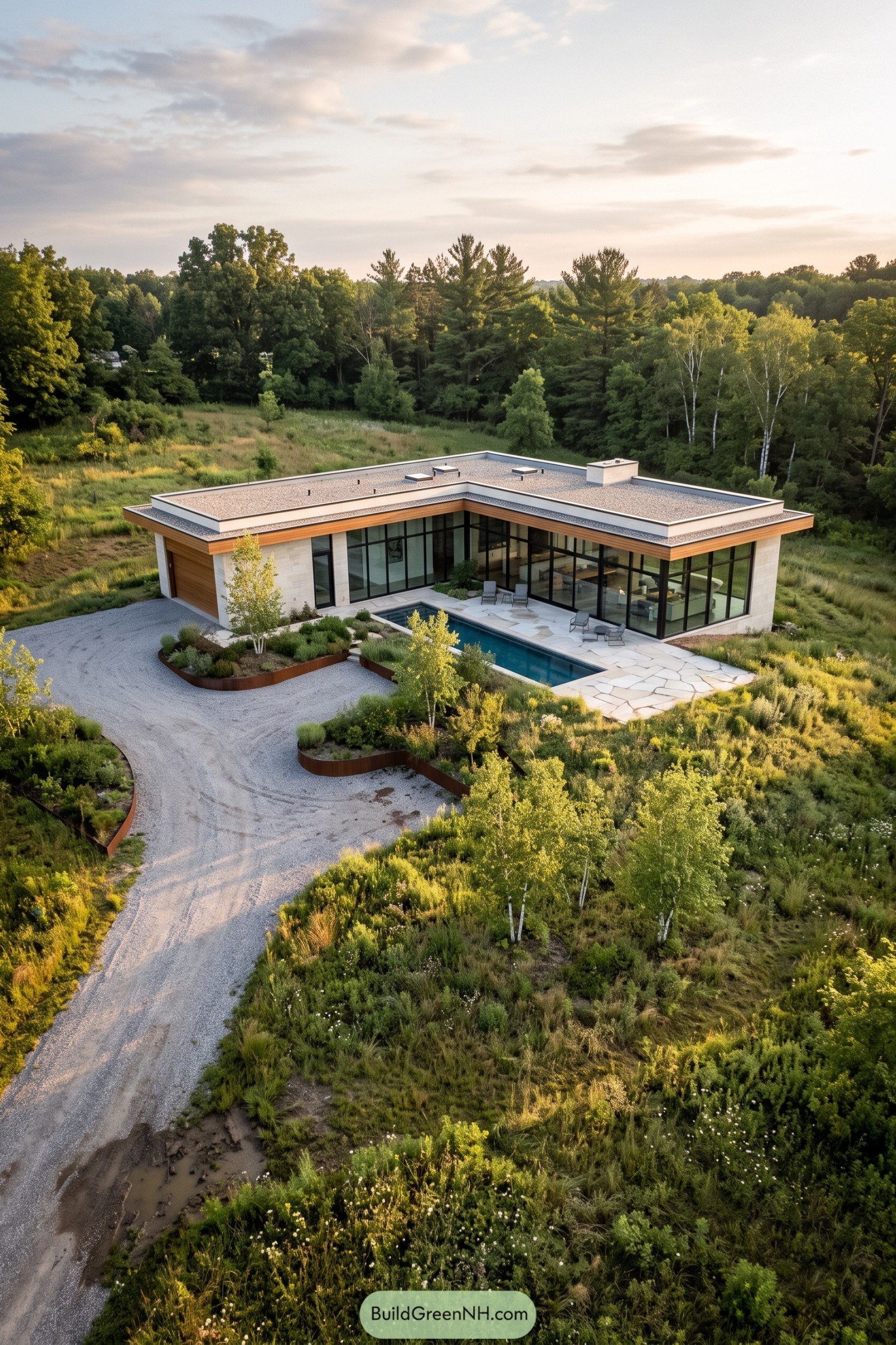 Modern glass house with pool in a wooded meadow