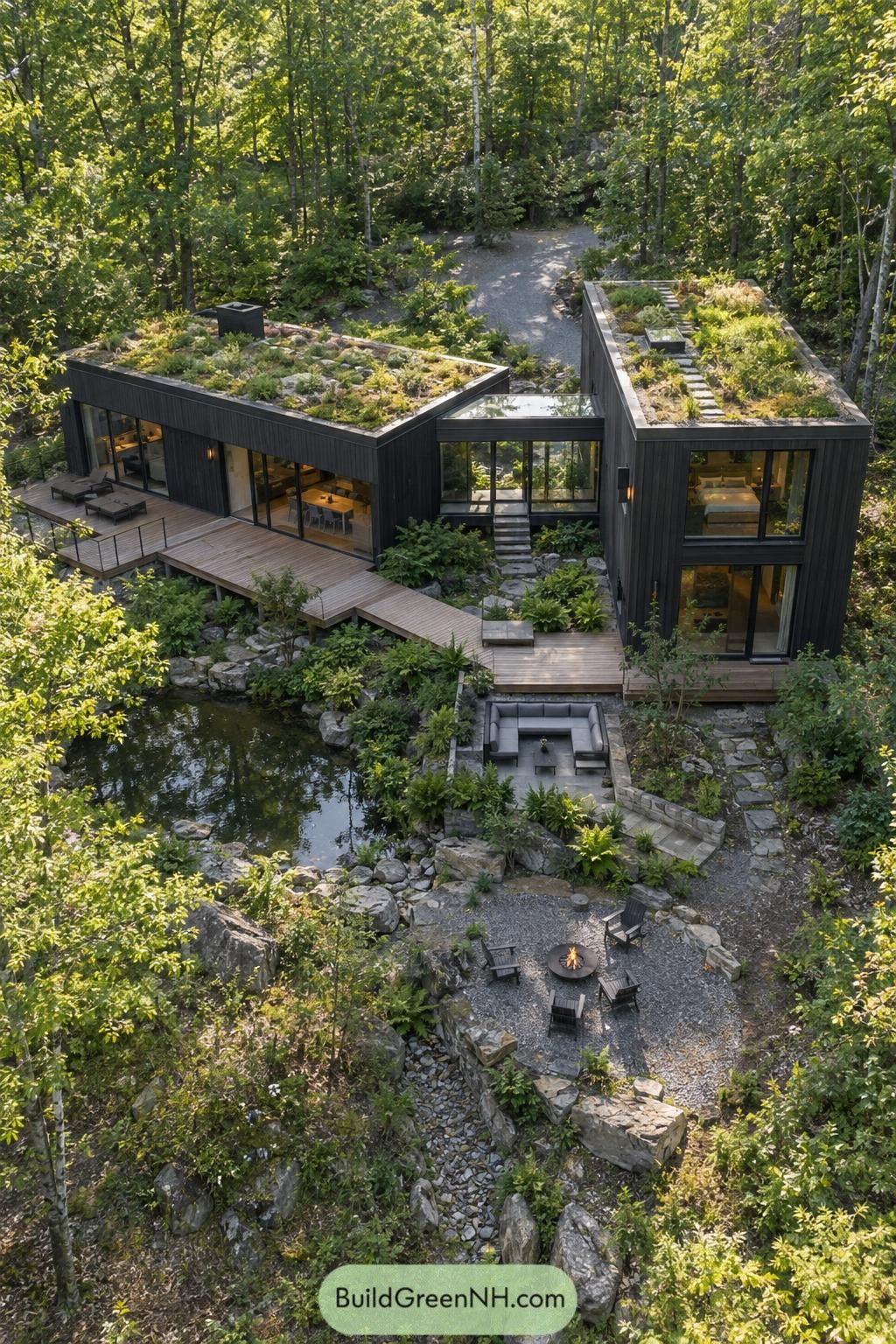 Vegetated roofs crown a dark timber home beside a pond