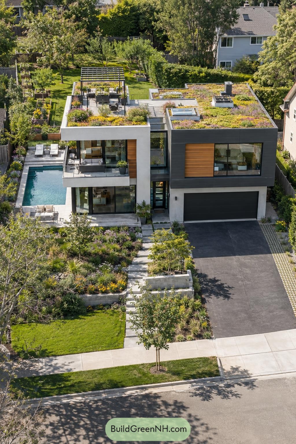 Modern residence with flowering green roofs and rooftop terrace