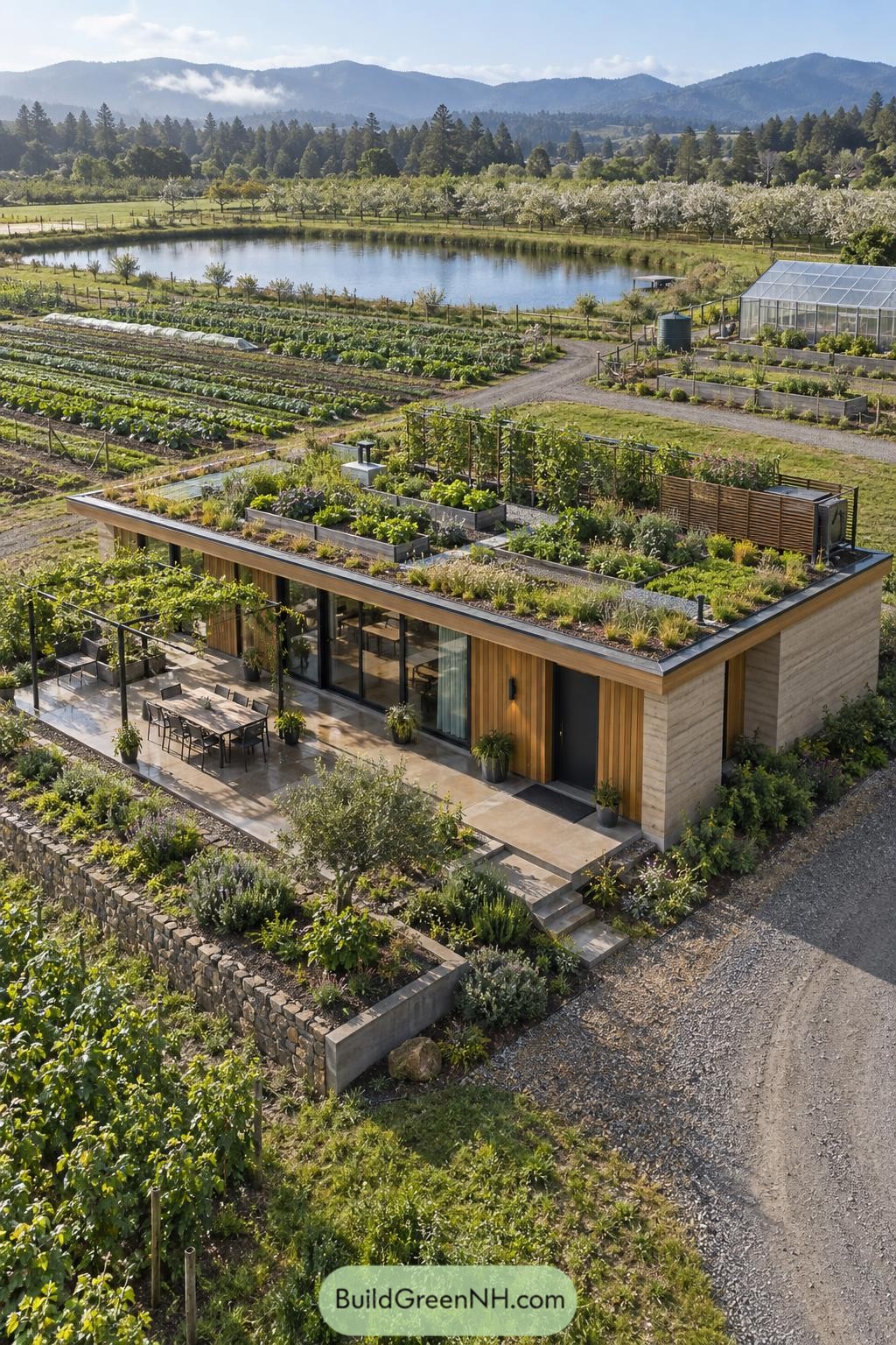 Vegetated roof home beside farm beds and a pond