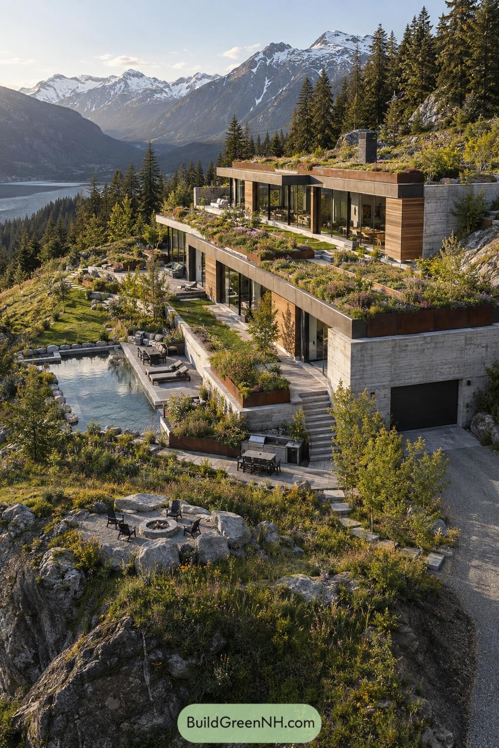 Terraced mountain home with planted roofs and a pond