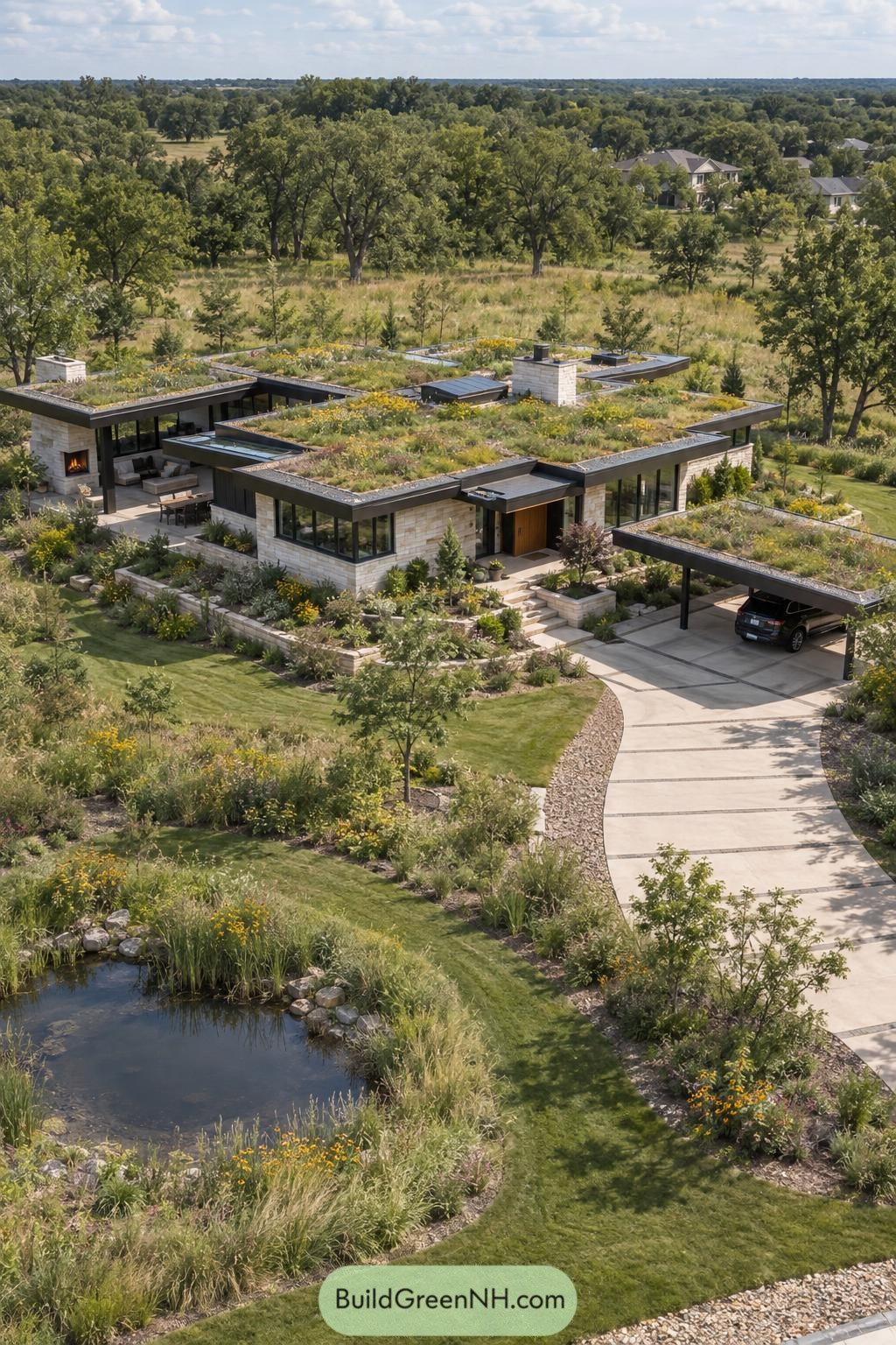 Modern stone residence with wildflower green roofs beside a pond