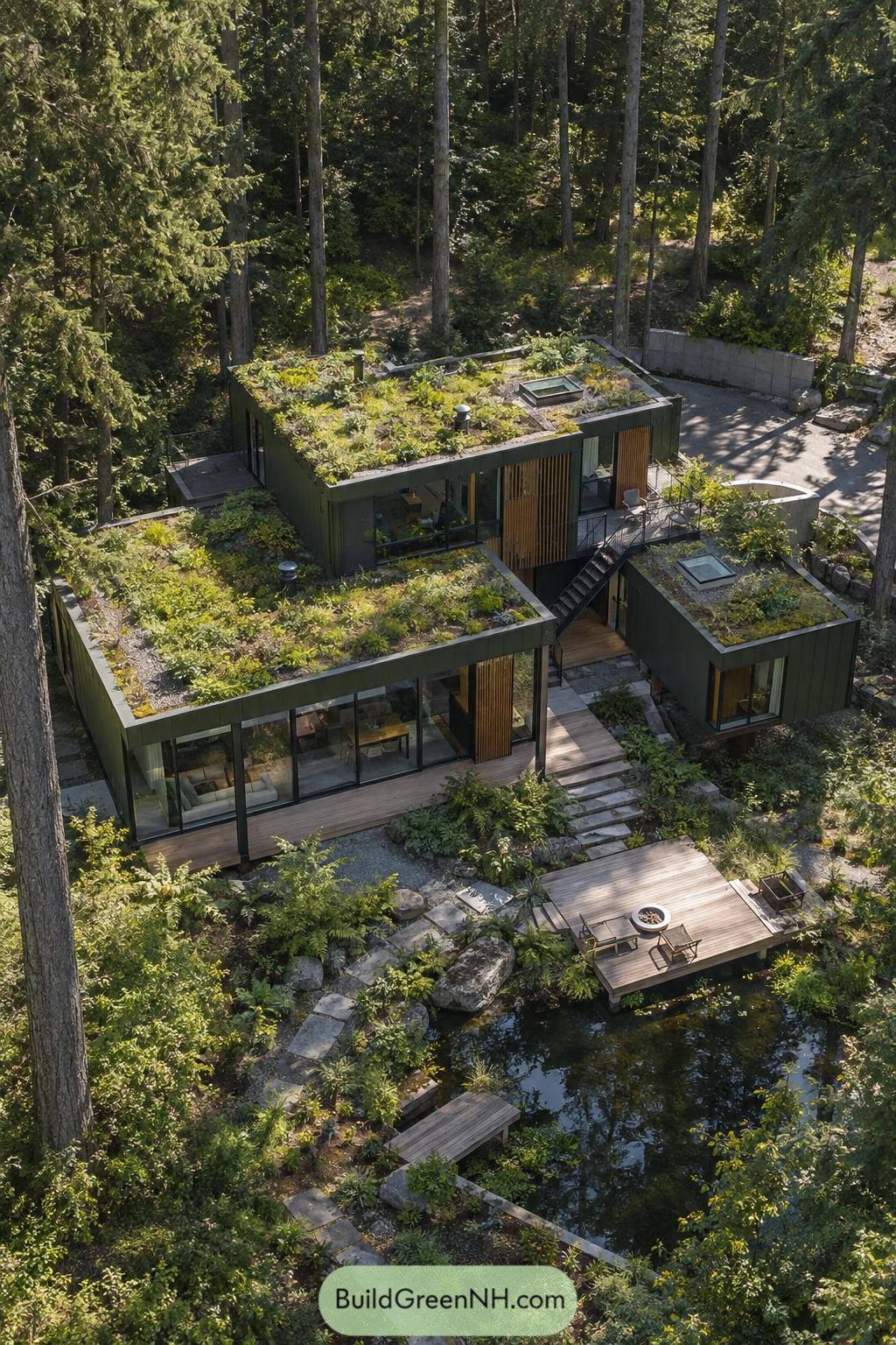 Forest home with planted flat roofs beside a pond
