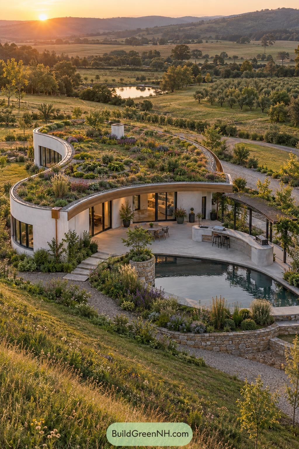 Curved green-roof villa with pool in rolling countryside