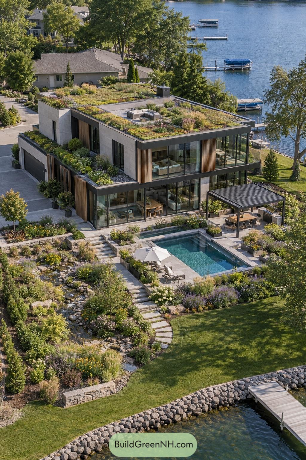 Modern lakeside home with planted roof and pool terrace