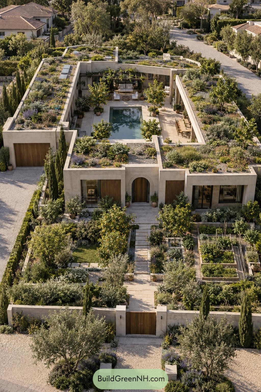 Aerial view of a limestone villa with planted roofs and a central pool courtyard