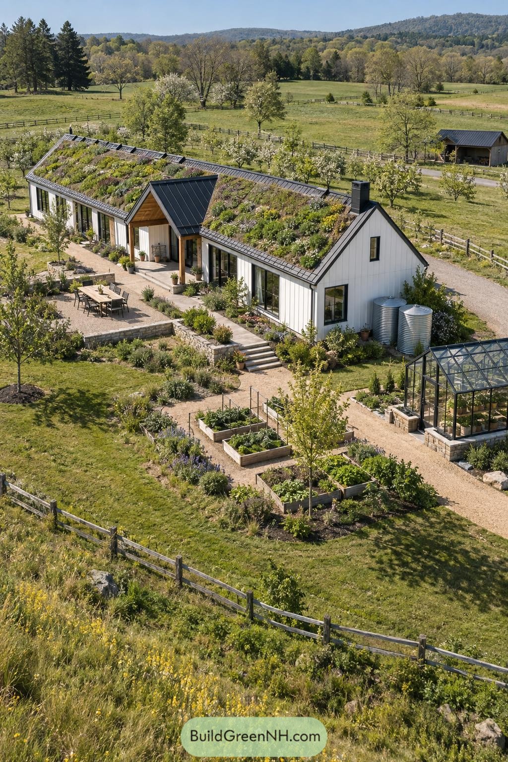 Flowering green roof over a white farmhouse with kitchen gardens and greenhouse