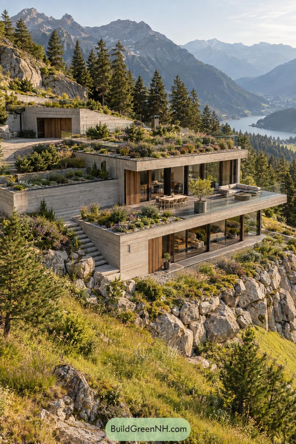 Stepped concrete home with planted roofs overlooking an alpine lake