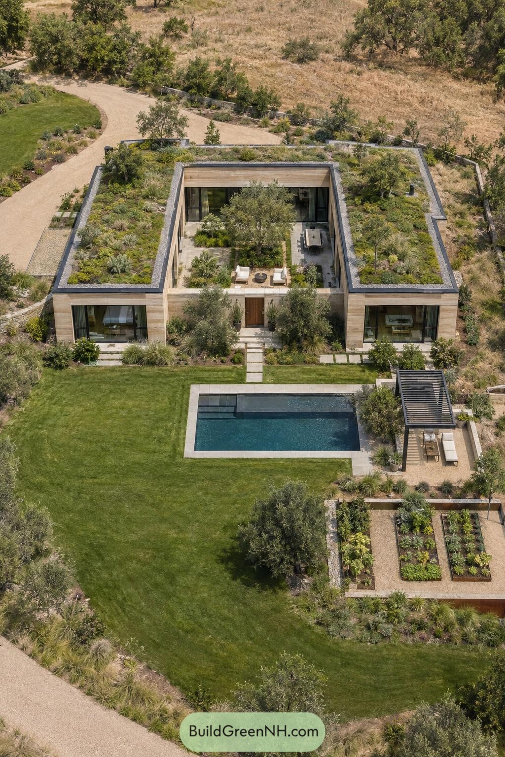 Aerial view of a courtyard home with planted green roofs pool and vegetable beds