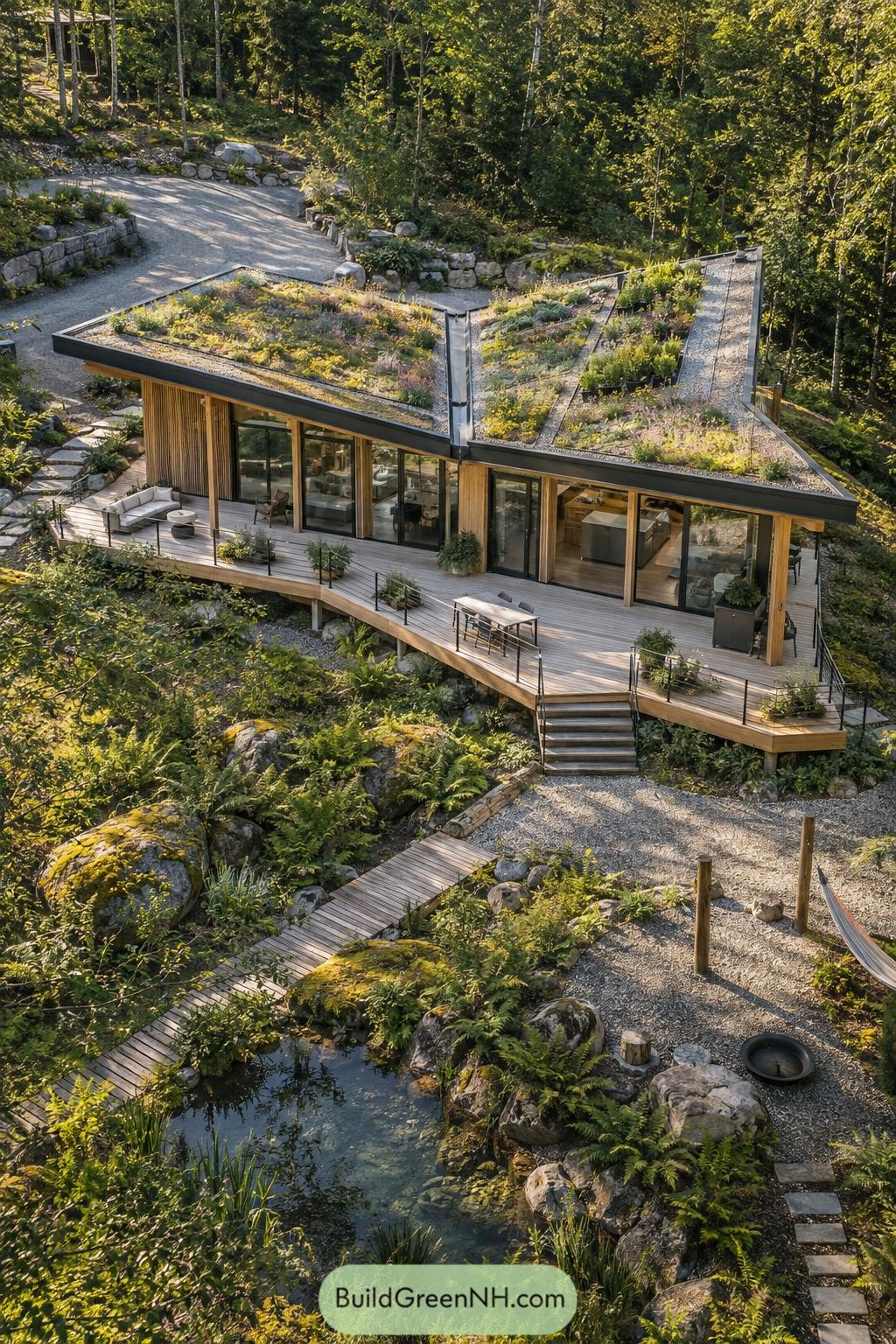 Wood-clad home with a wildflower green roof beside a pond
