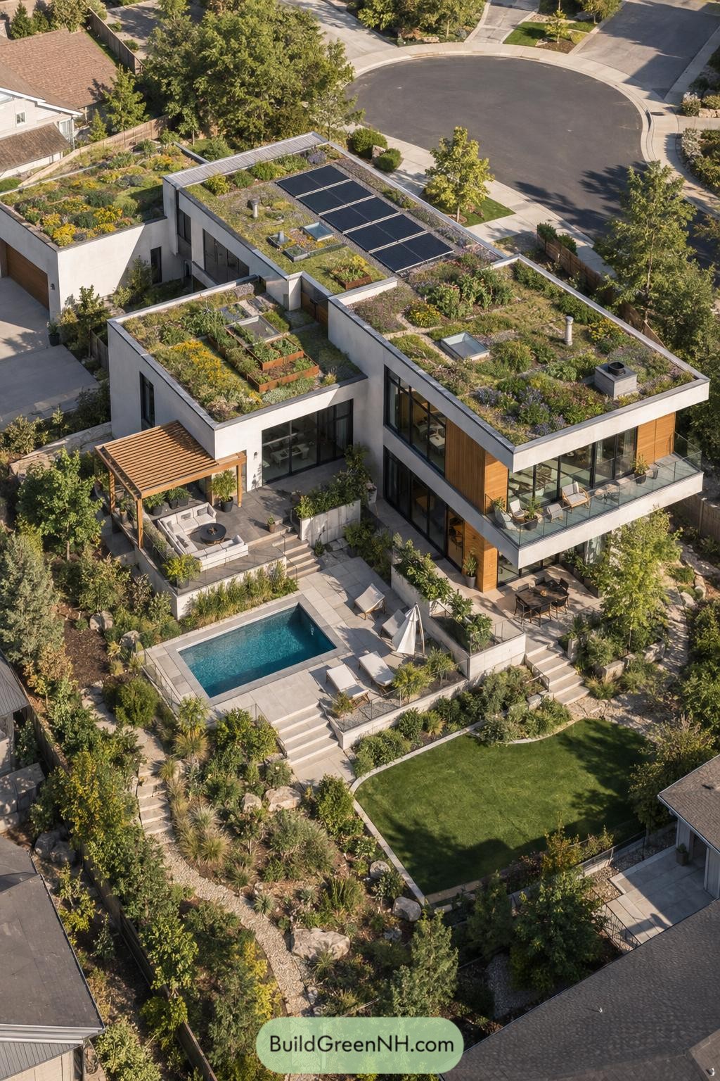 Modern home with planted roofs solar panels and pool