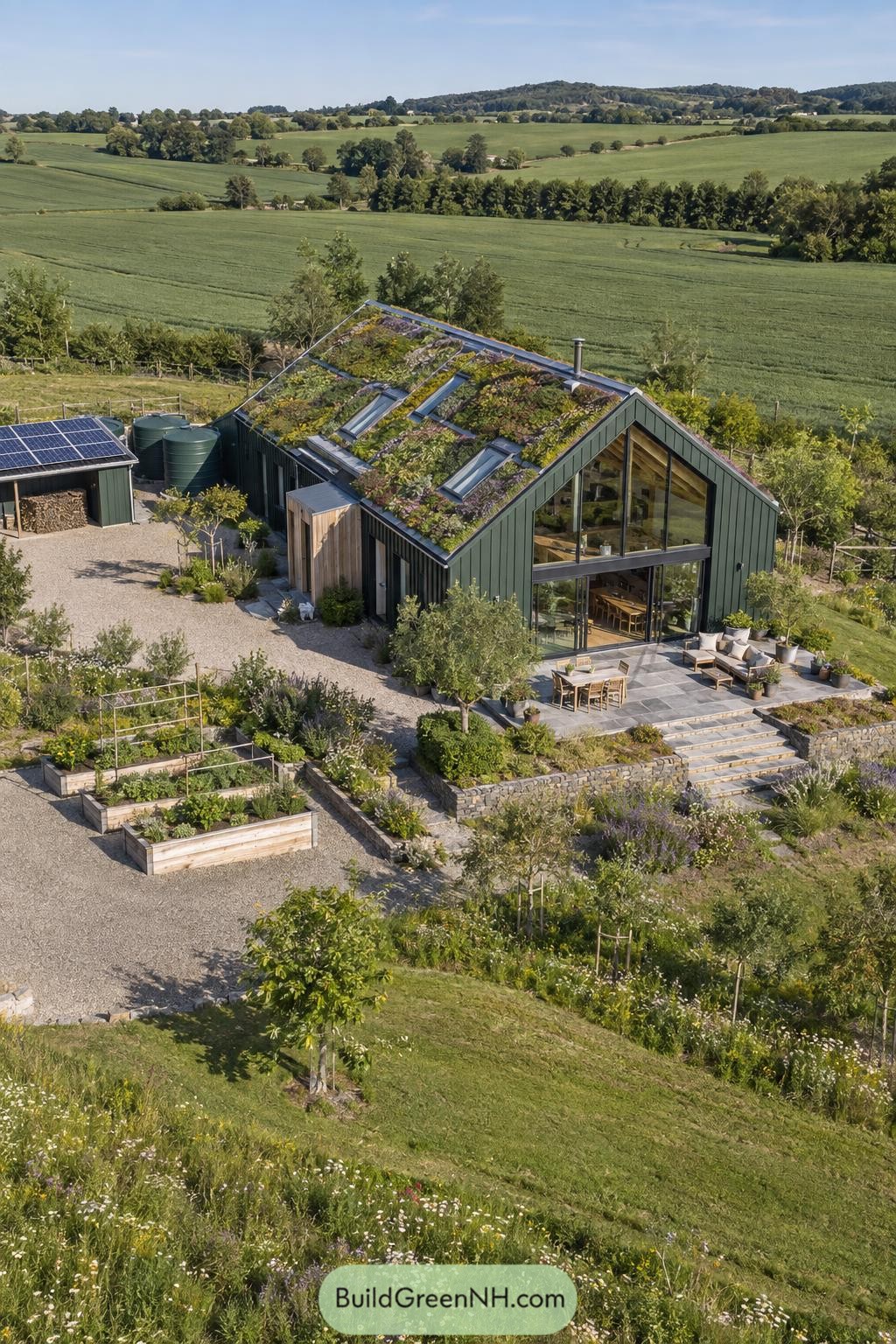 Green-roofed farmhouse overlooking rolling fields and kitchen gardens