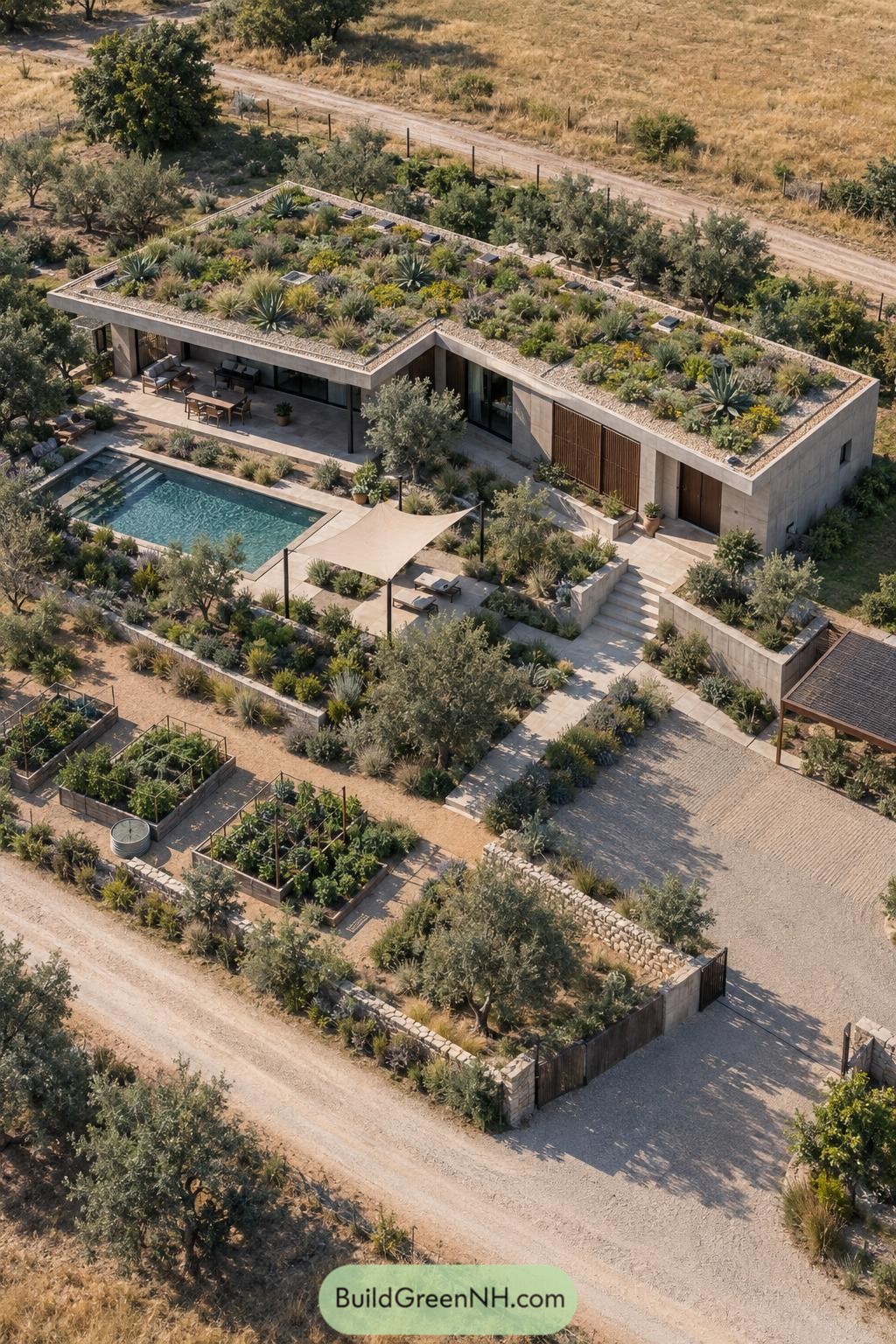 A low stone villa with a succulent green roof and pool among olive trees