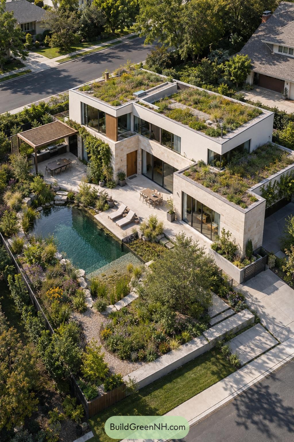 Modern home with planted green roofs and natural pond