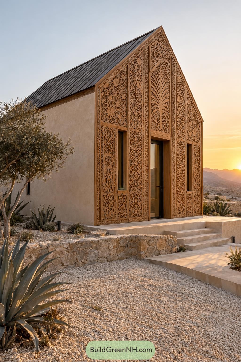 Carved wood gable house in a desert garden at sunset