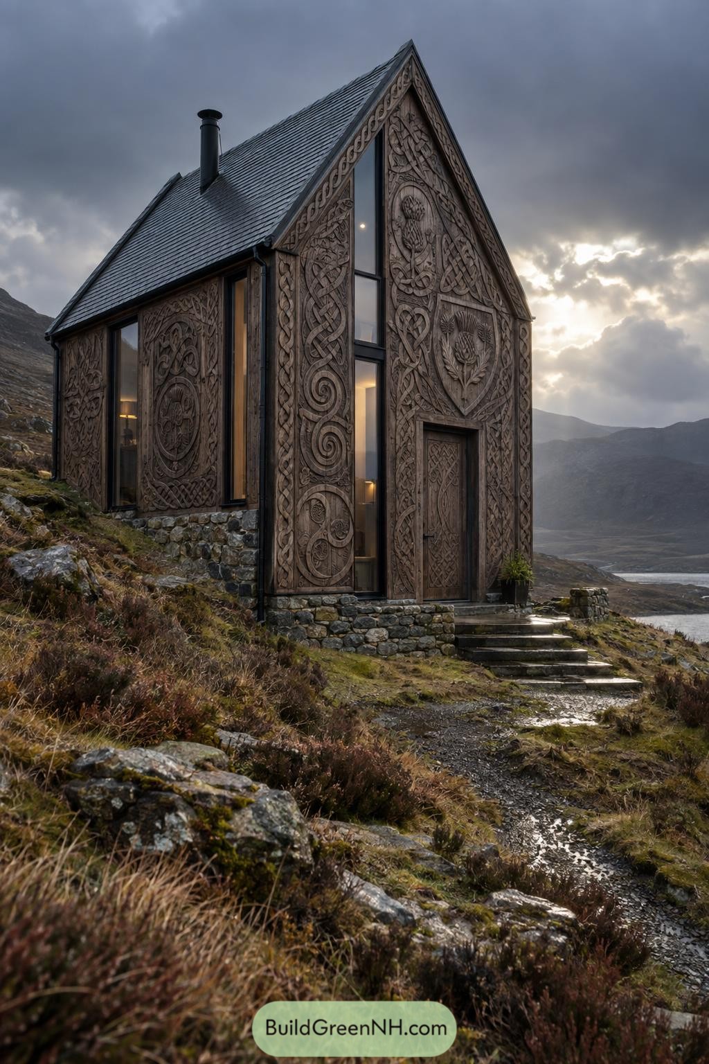 Carved knotwork cottage on a stony hillside