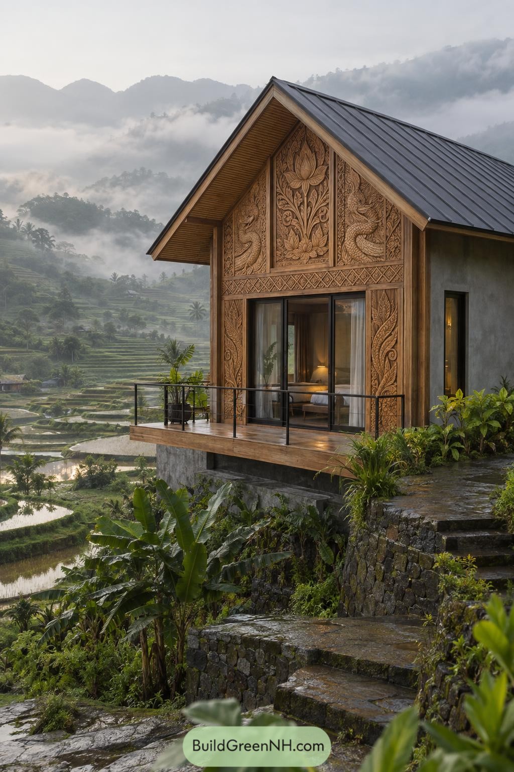 Wooden gable home with lotus and naga carvings above rice terraces