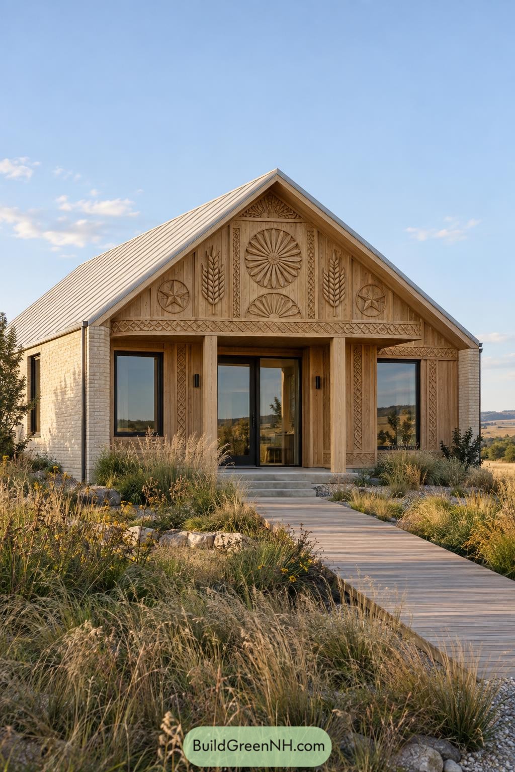 Gabled cottage with sunwheel carvings and wheat motifs