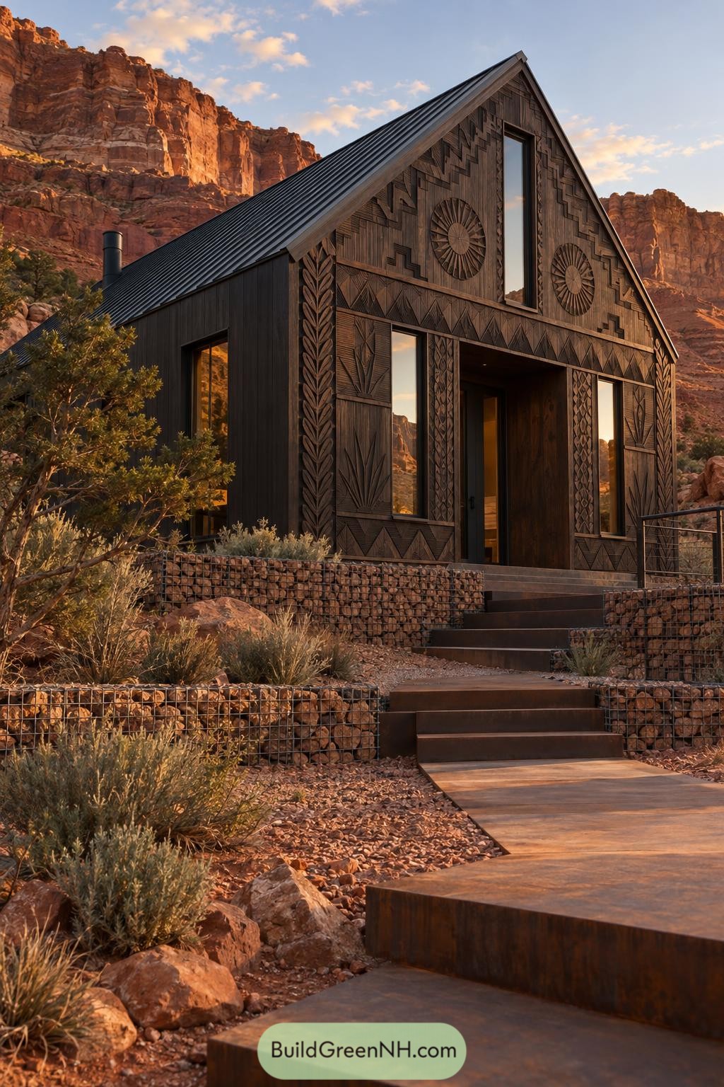 Dark timber gable cabin with carved sunbursts beneath red canyon cliffs