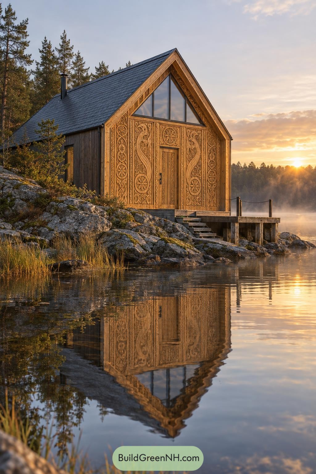 Carved timber cabin beside a misty lake at sunset