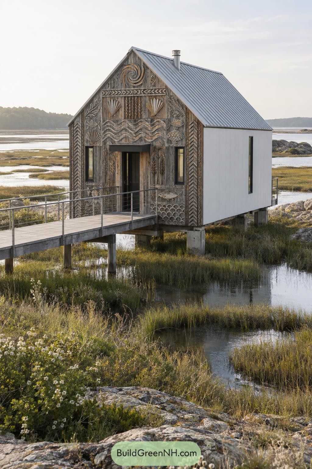 Carved coastal house raised above marshland on timber stilts