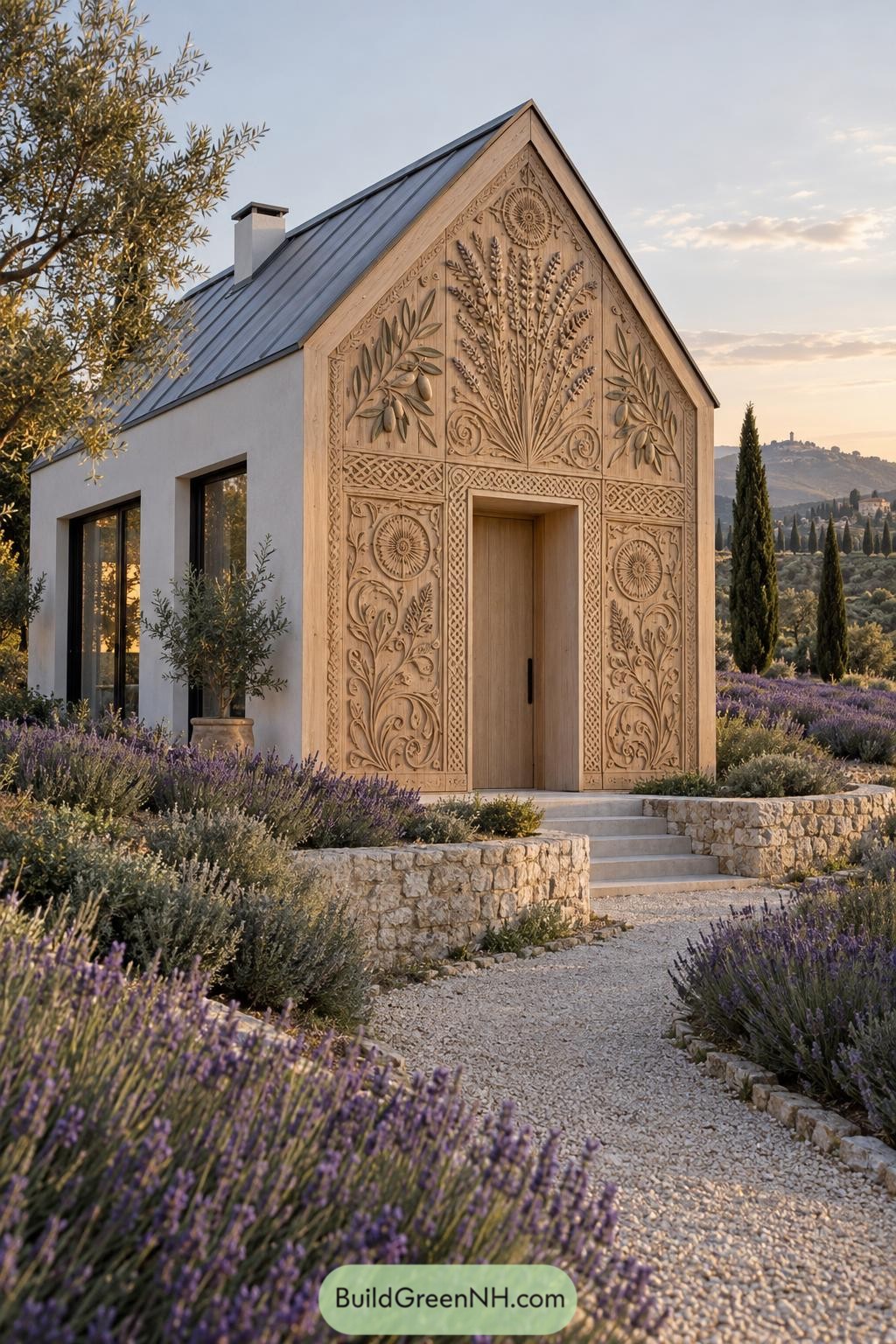 Modern gable home with an intricate botanical carved wood facade among lavender and olive trees