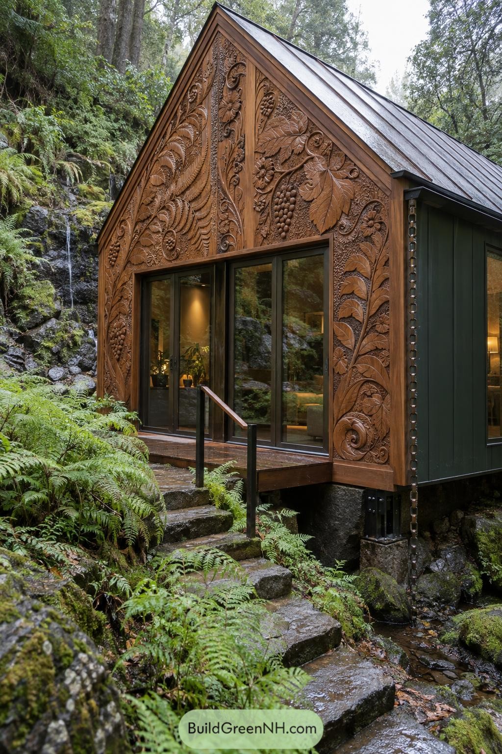 Woodland house with intricate fern and vine carvings around its gabled entrance