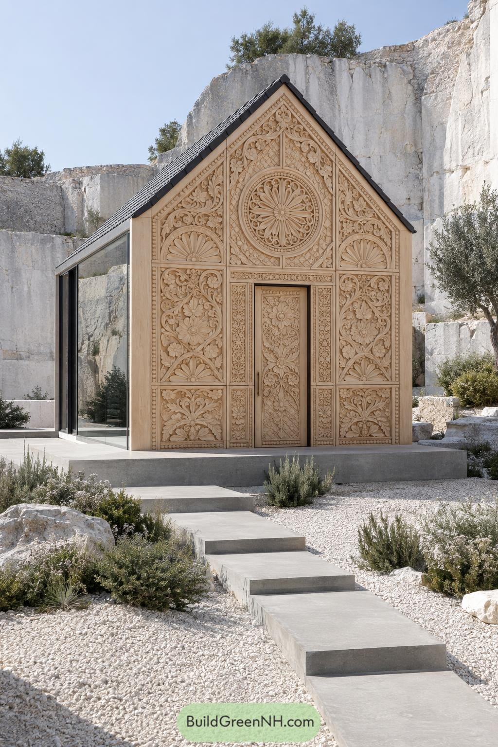 Compact gabled house with carved floral wood facade beside pale quarry cliffs