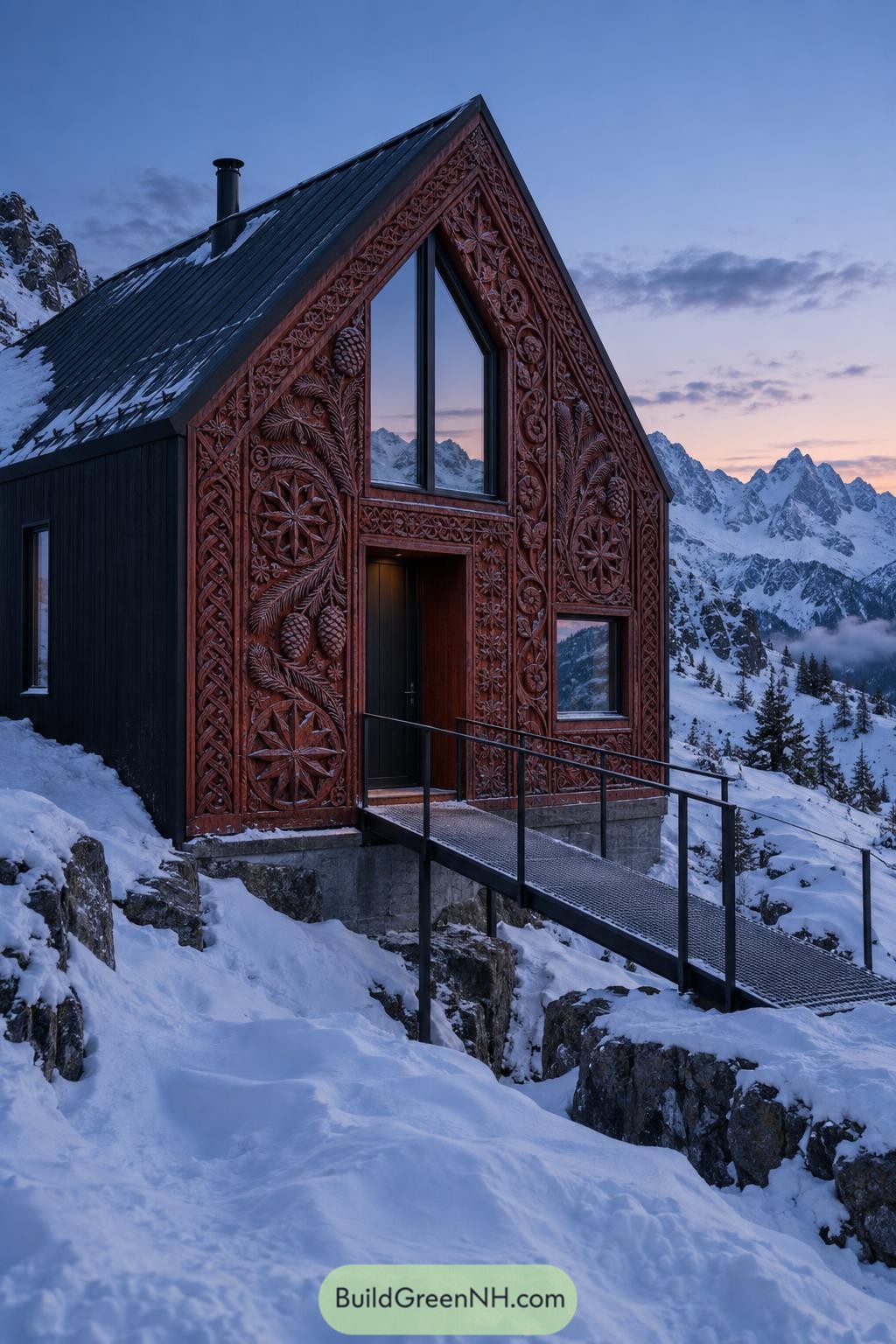 Snowy mountain lodge with a carved pinecone facade and steep gable roof