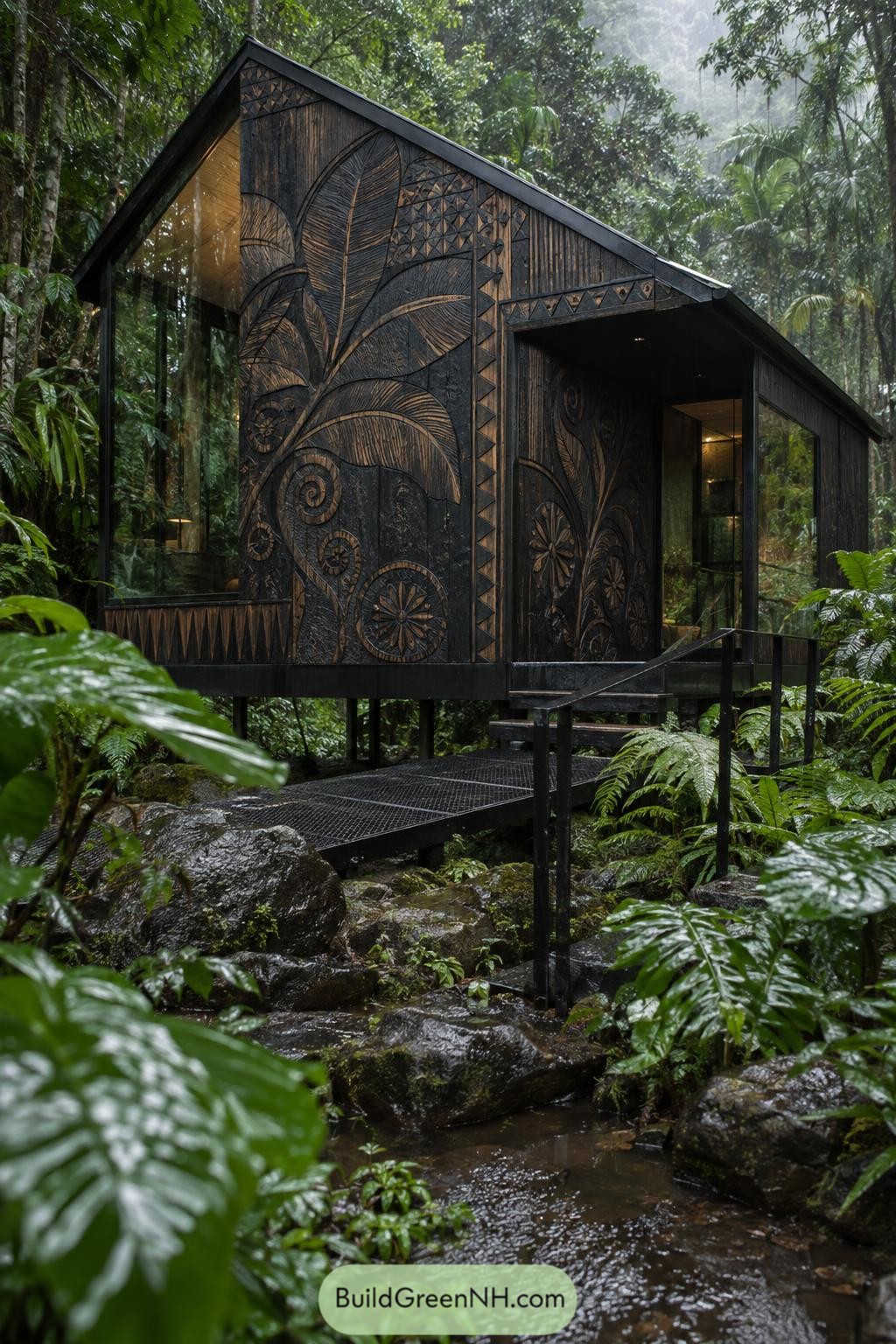 Dark timber cabin with botanical carvings in rainforest