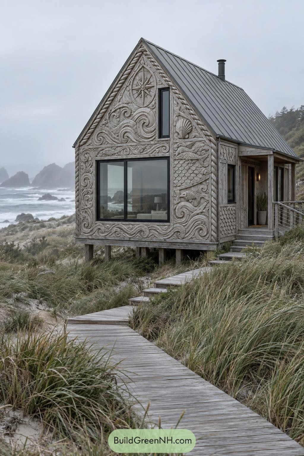 Coastal cabin with carved waves fish and compass
