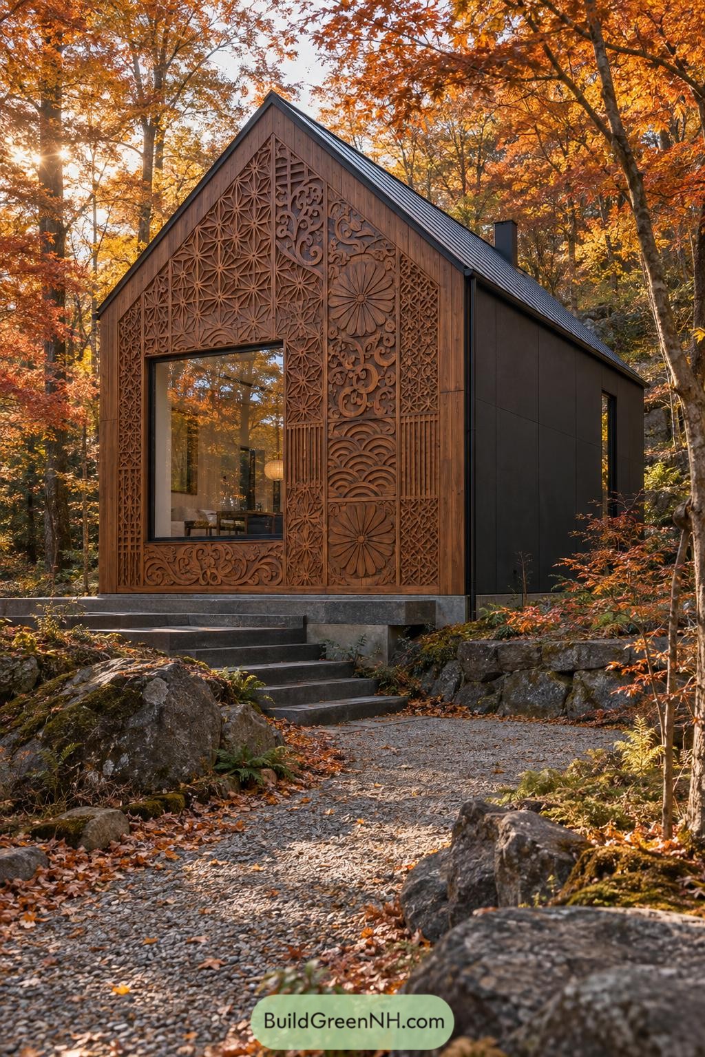 Compact gabled house with ornate carved timber facade in autumn woods