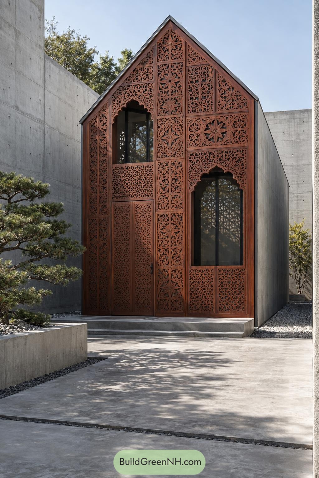 Gabled house with floral carved wood facade and arched windows