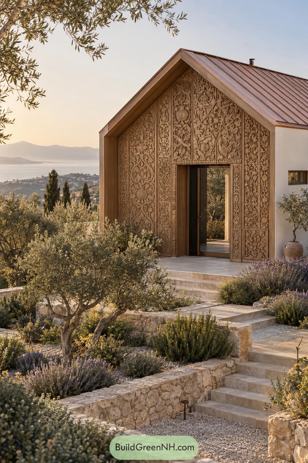 Wood carved gable house above an olive garden