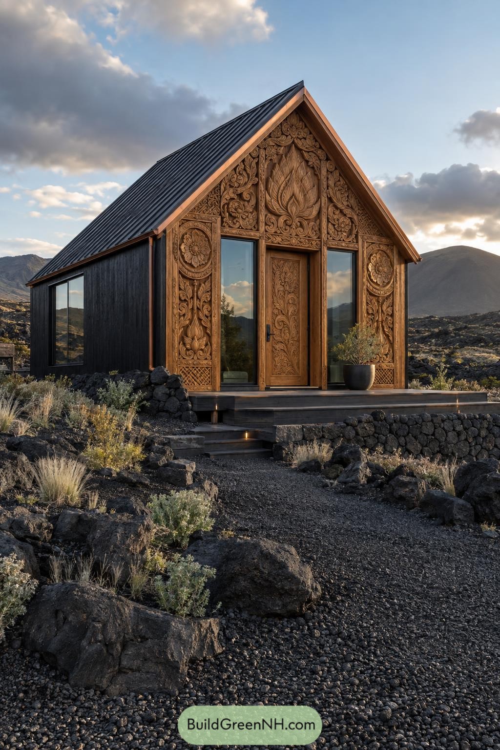 Compact black cabin with ornate lotus wood facade among volcanic rocks