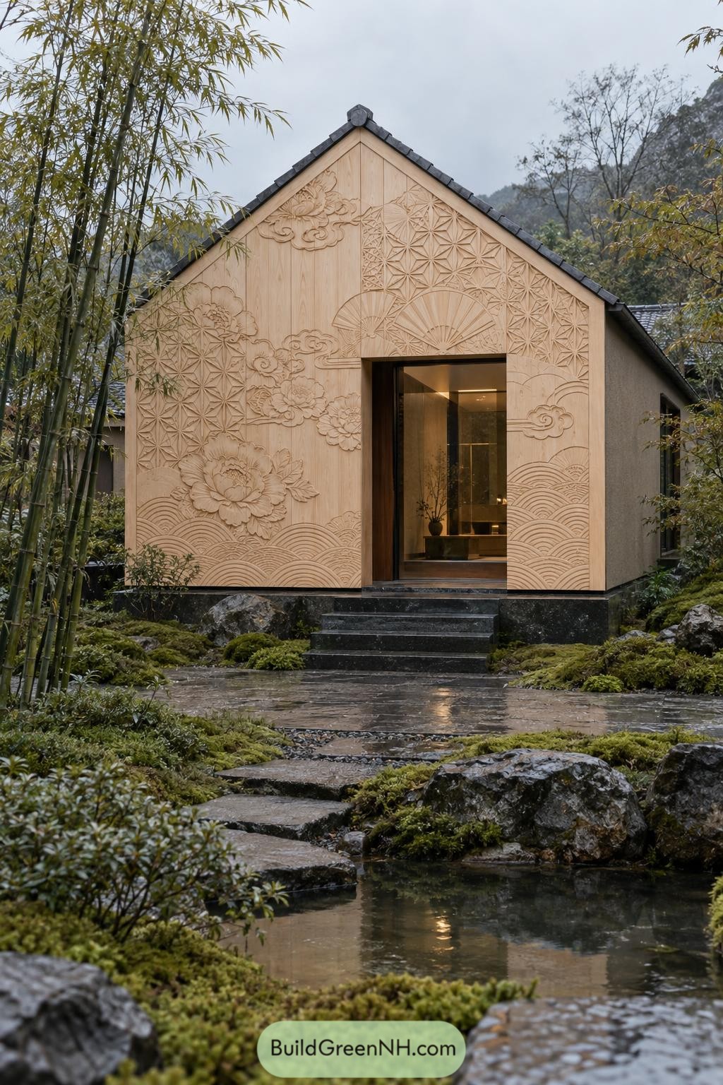 Gabled home with floral carvings beside bamboo and a pond