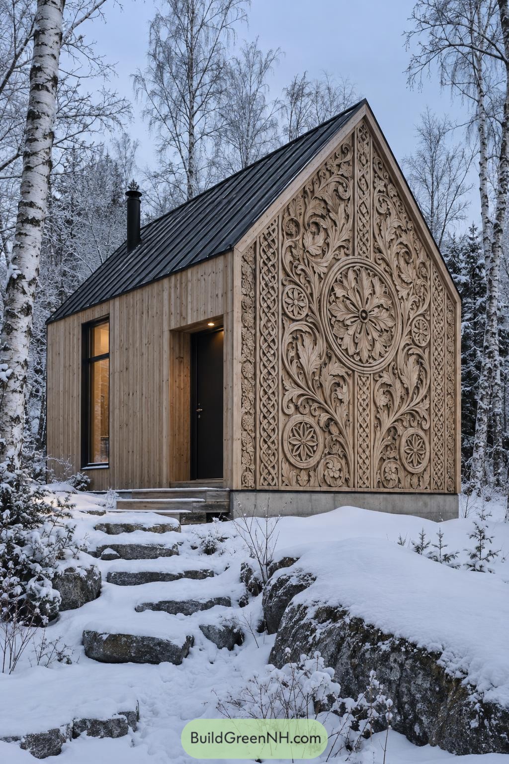 Compact timber house with ornate carved gable in snow