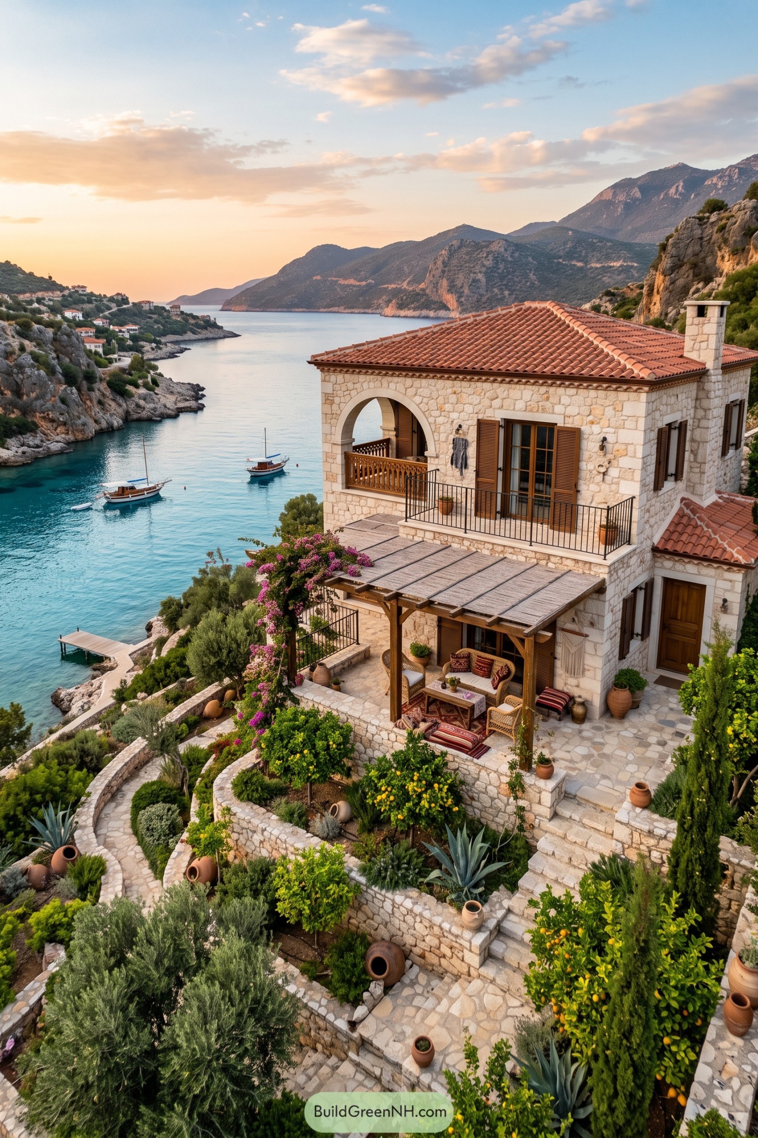 Stone villa with red tile roof above a turquoise bay