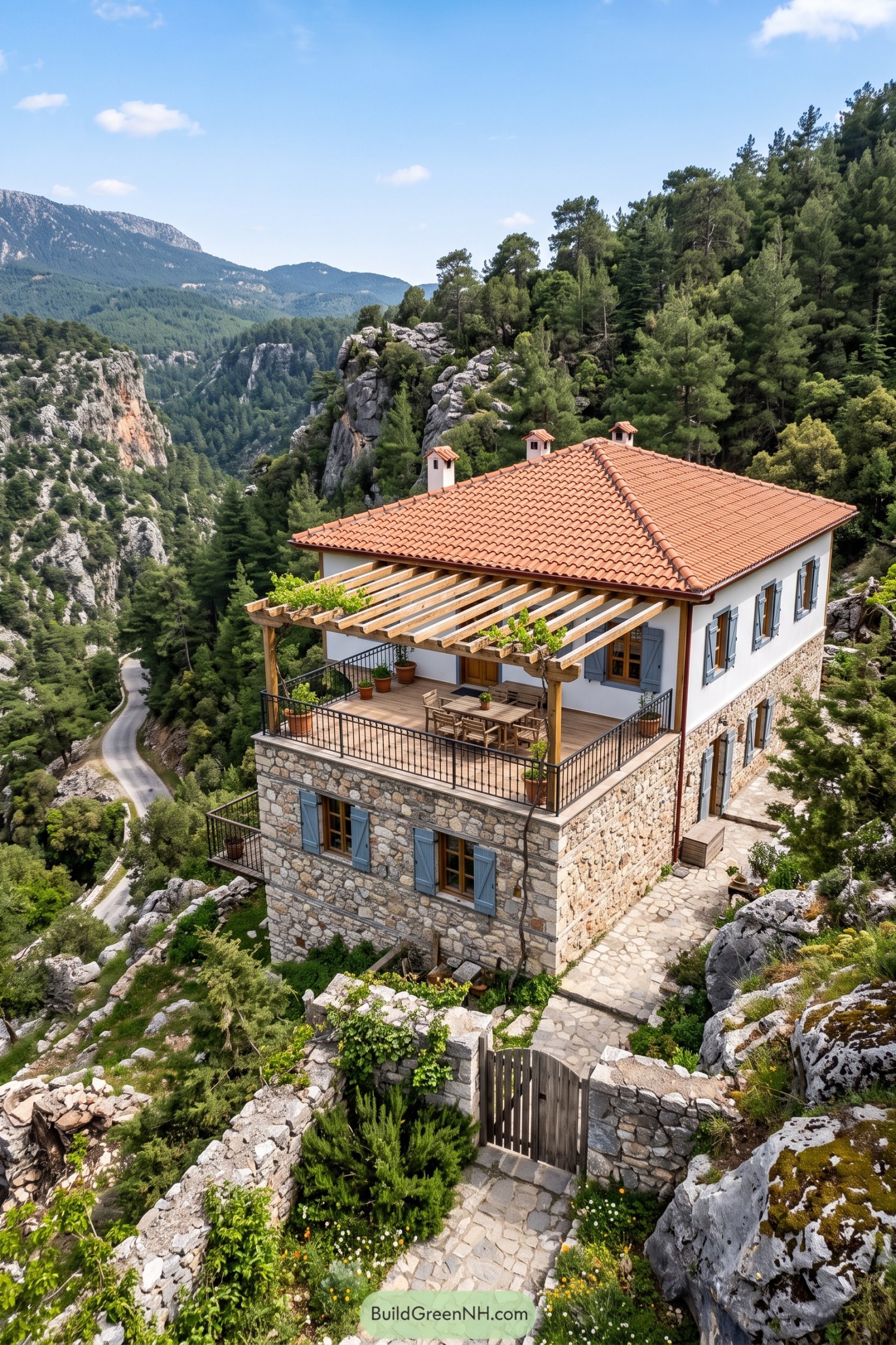 Stone village house with blue shutters and a pergola terrace above a forested canyon