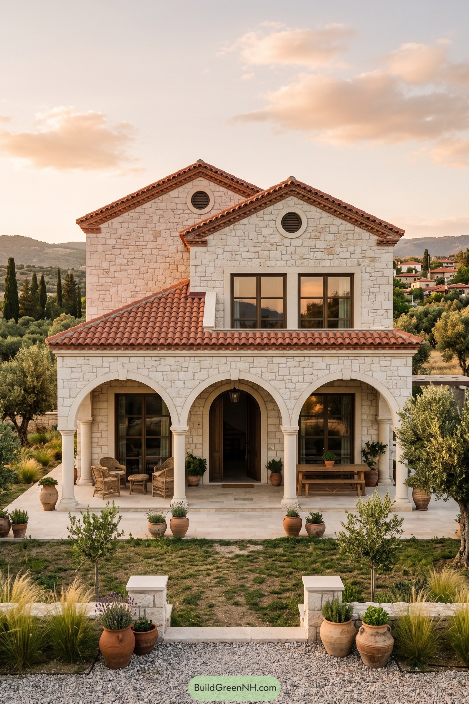 Stone village house with arched porch and tiled roofs